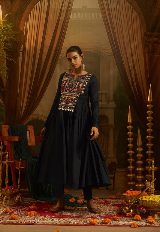 Black Mul Cotton Kutchi Mirror Work Navratri Anarkali Gown