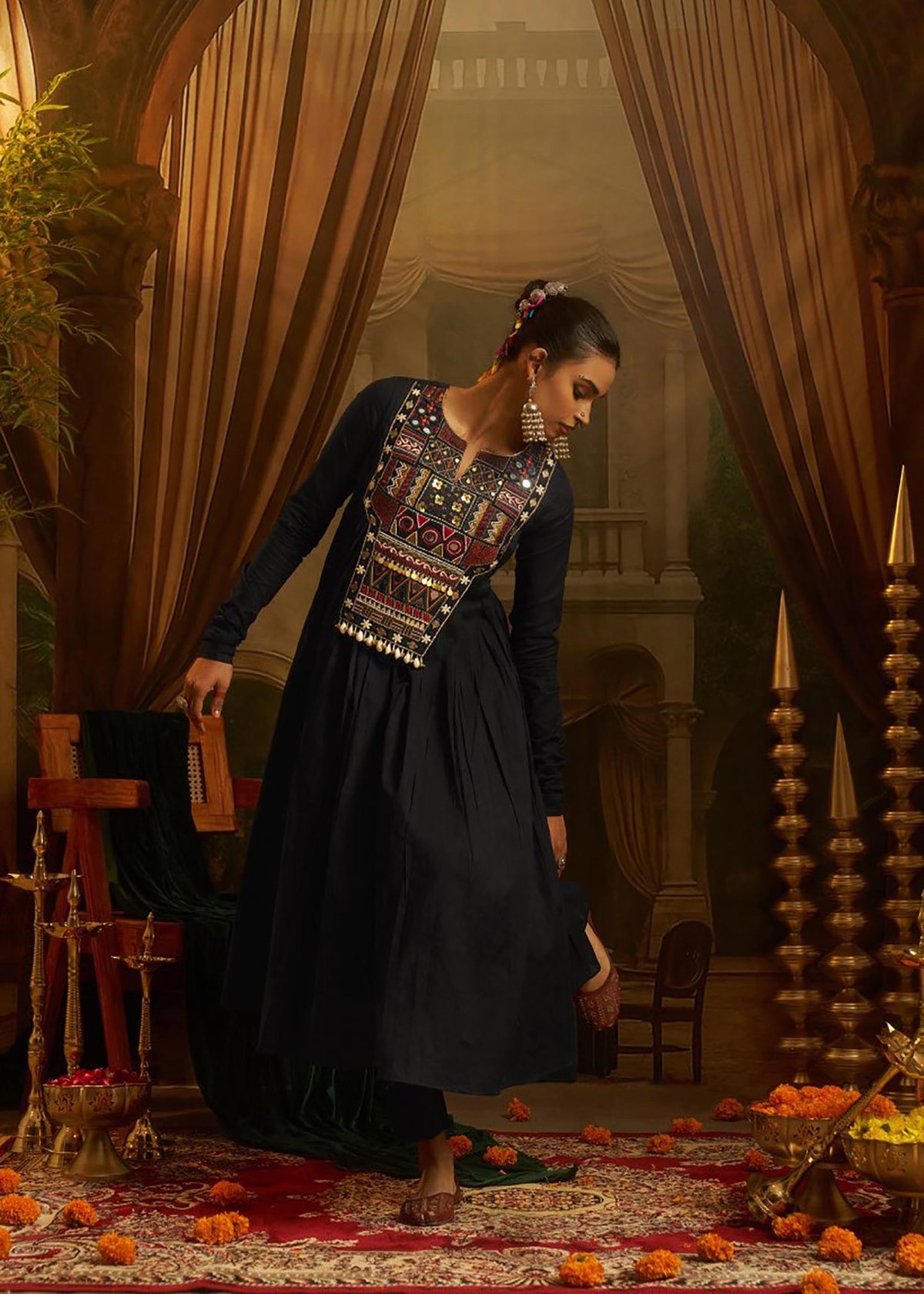 Black Mul Cotton Kutchi Mirror Work Navratri Anarkali Gown