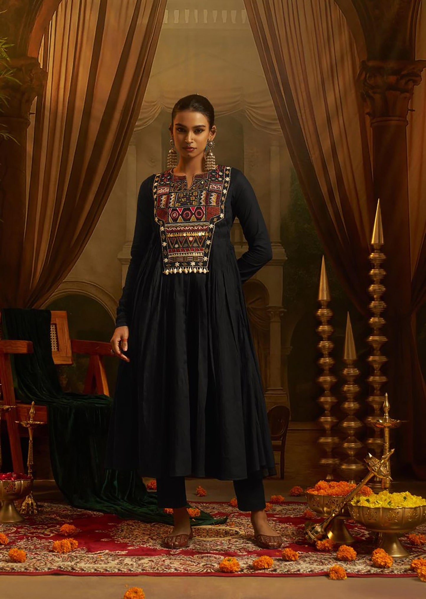 Black Mul Cotton Kutchi Mirror Work Navratri Anarkali Gown