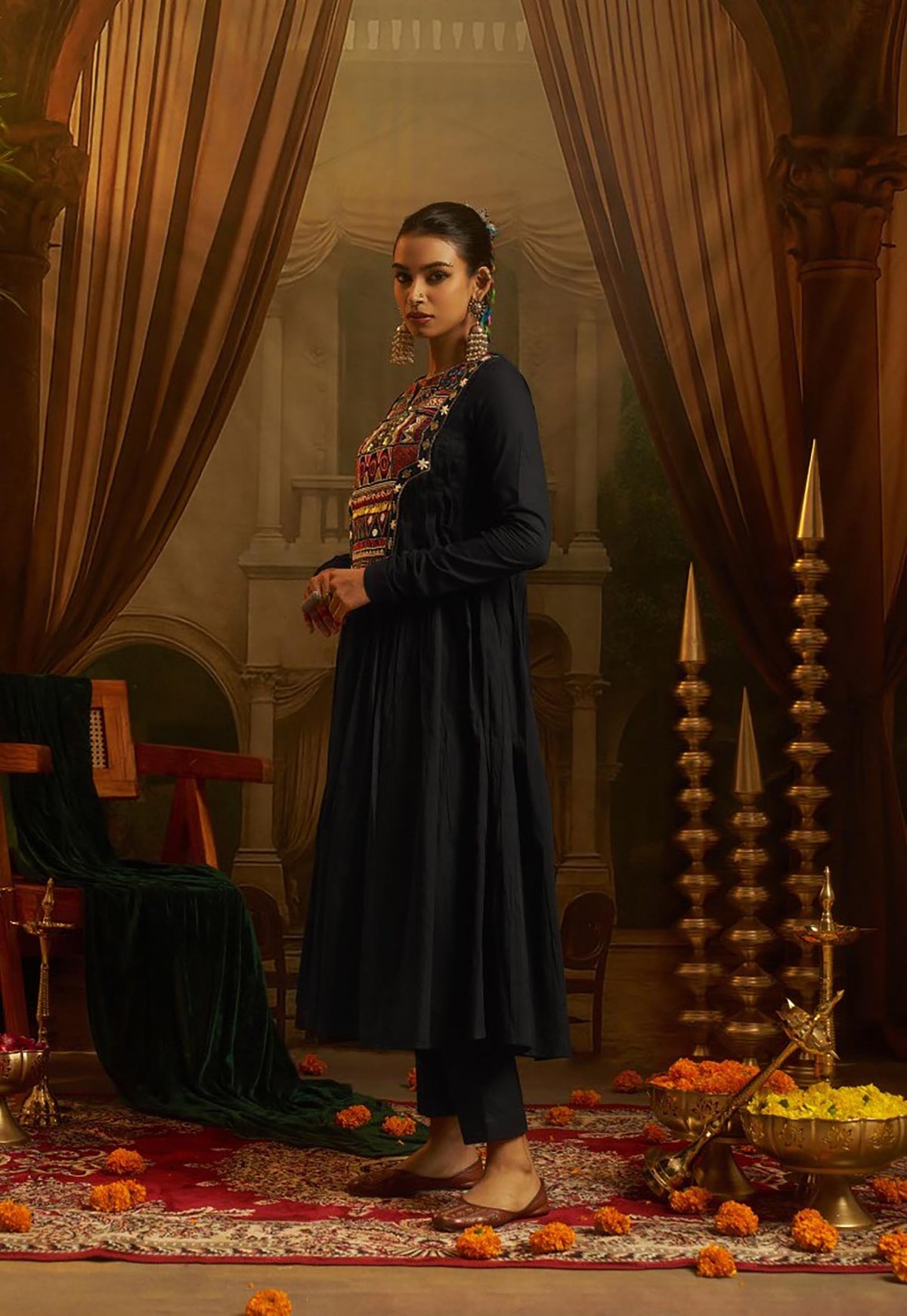 Black Mul Cotton Kutchi Mirror Work Navratri Anarkali Gown