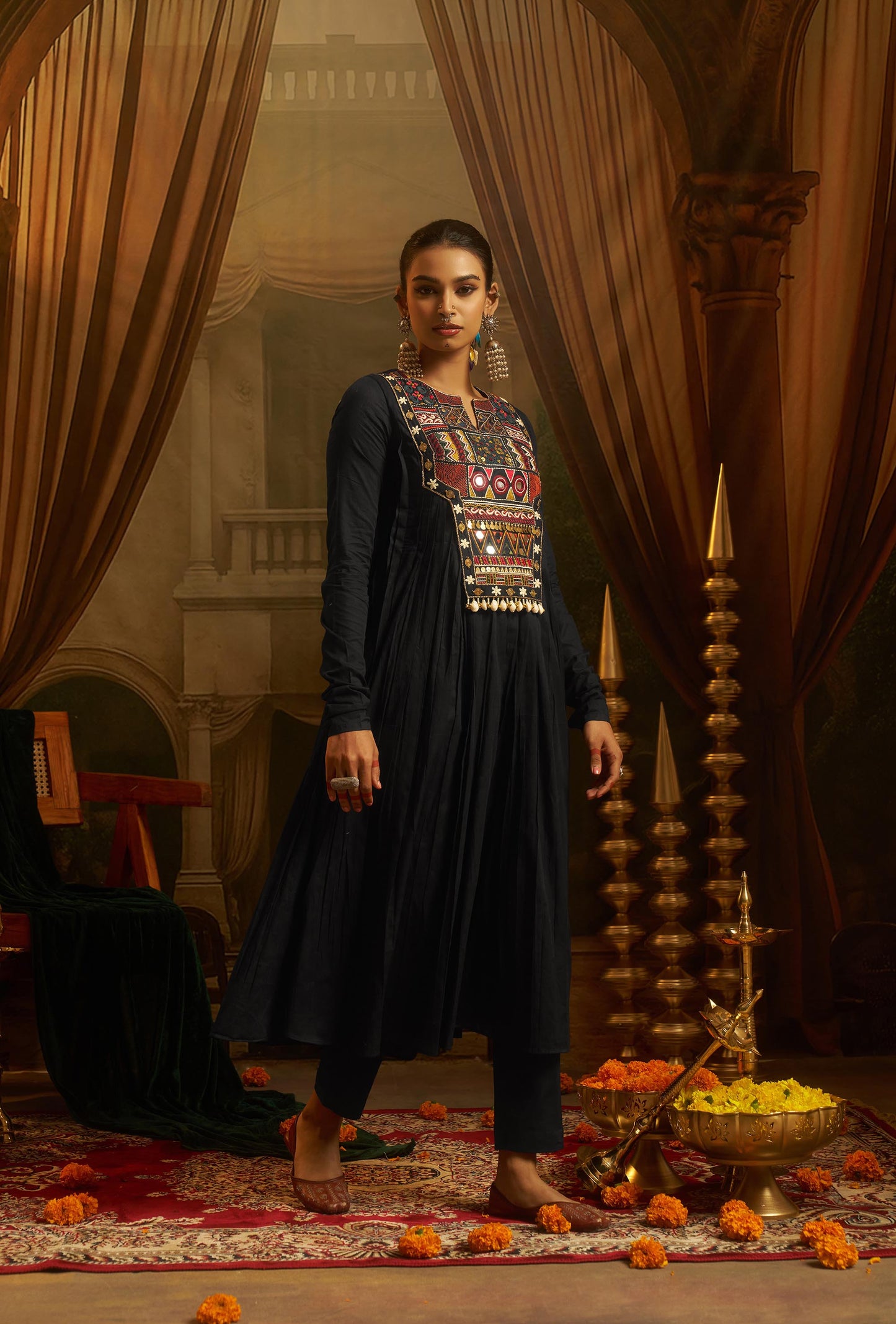 Black Mul Cotton Kutchi Mirror Work Navratri Anarkali Gown