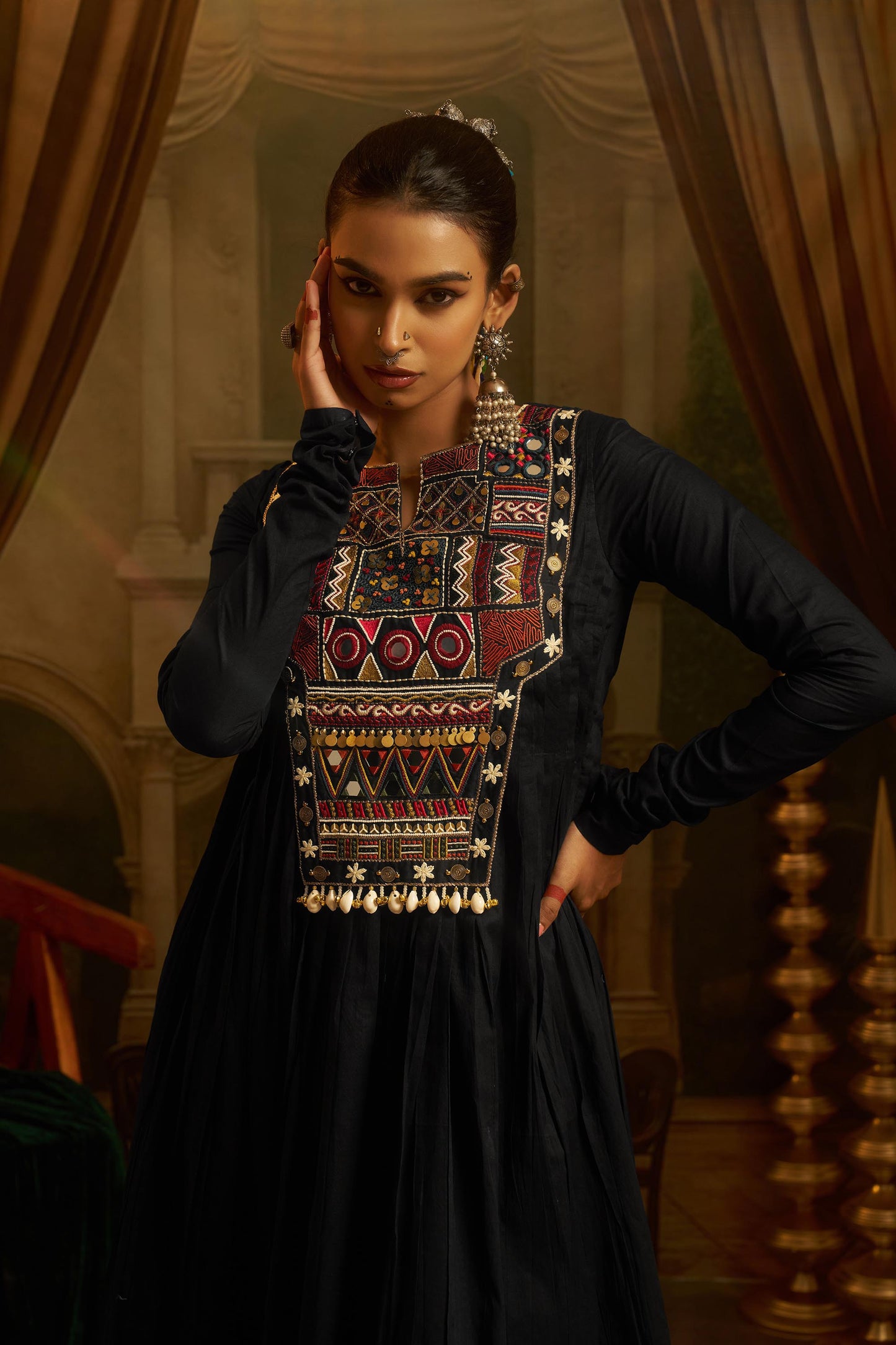 Black Mul Cotton Kutchi Mirror Work Navratri Anarkali Gown