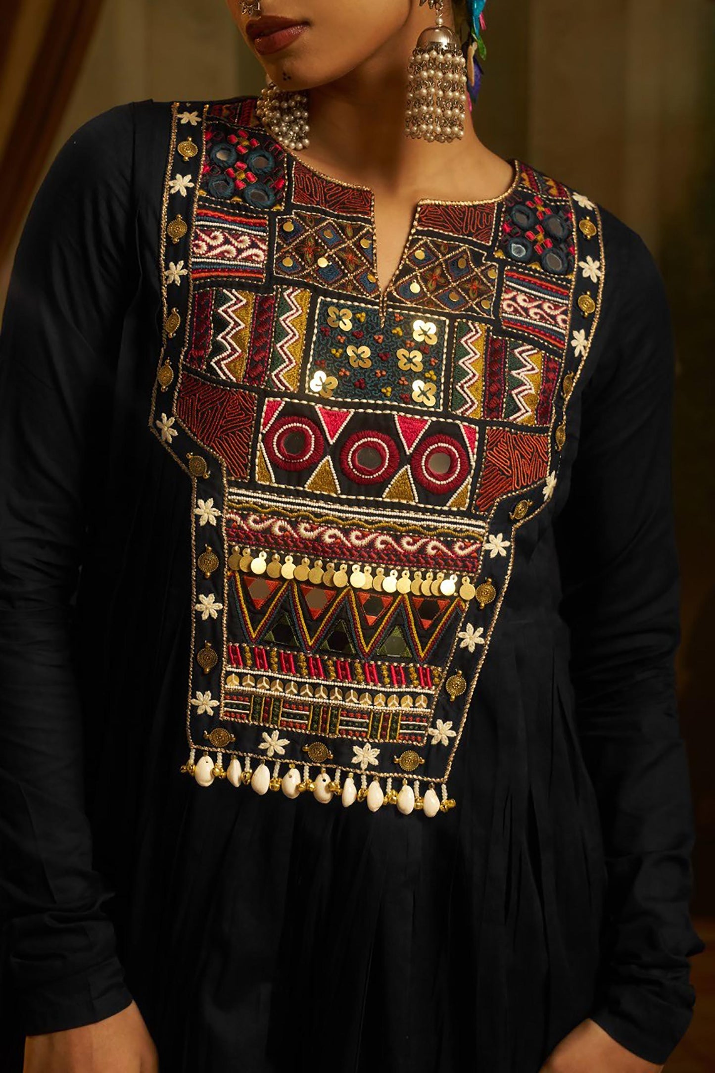 Black Mul Cotton Kutchi Mirror Work Navratri Anarkali Gown
