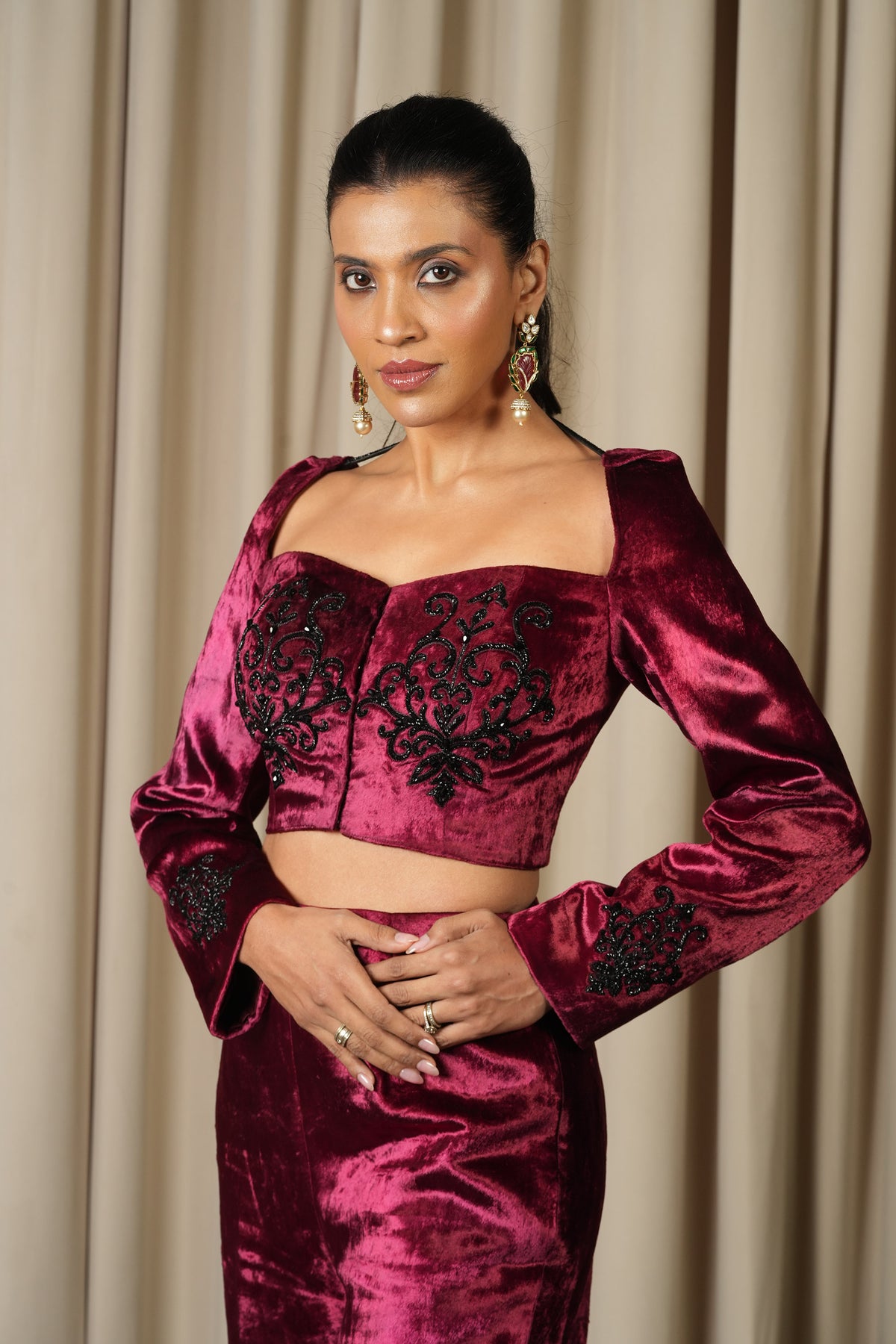Moulin Rouge Deep Wine Hand Embroidered Velvet Co-ord Set