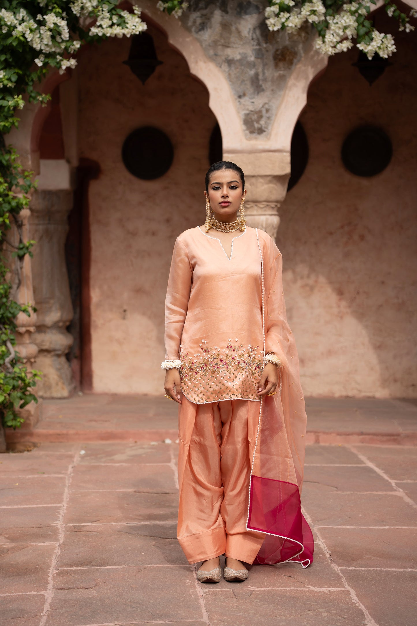 Peach Pink Hand-Embroidered Farshi Set