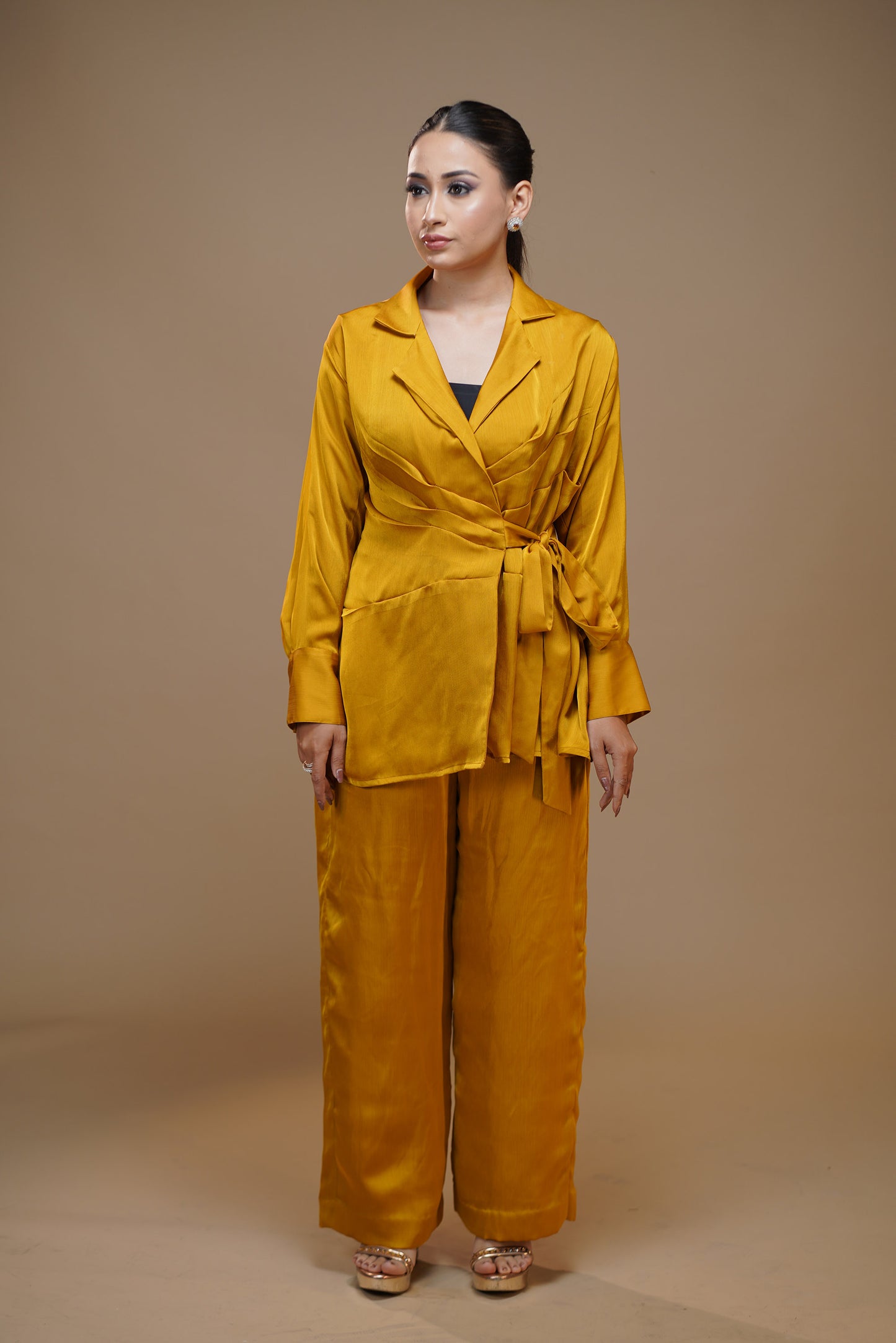 Sunny Yellow Knot Satin Pant Set