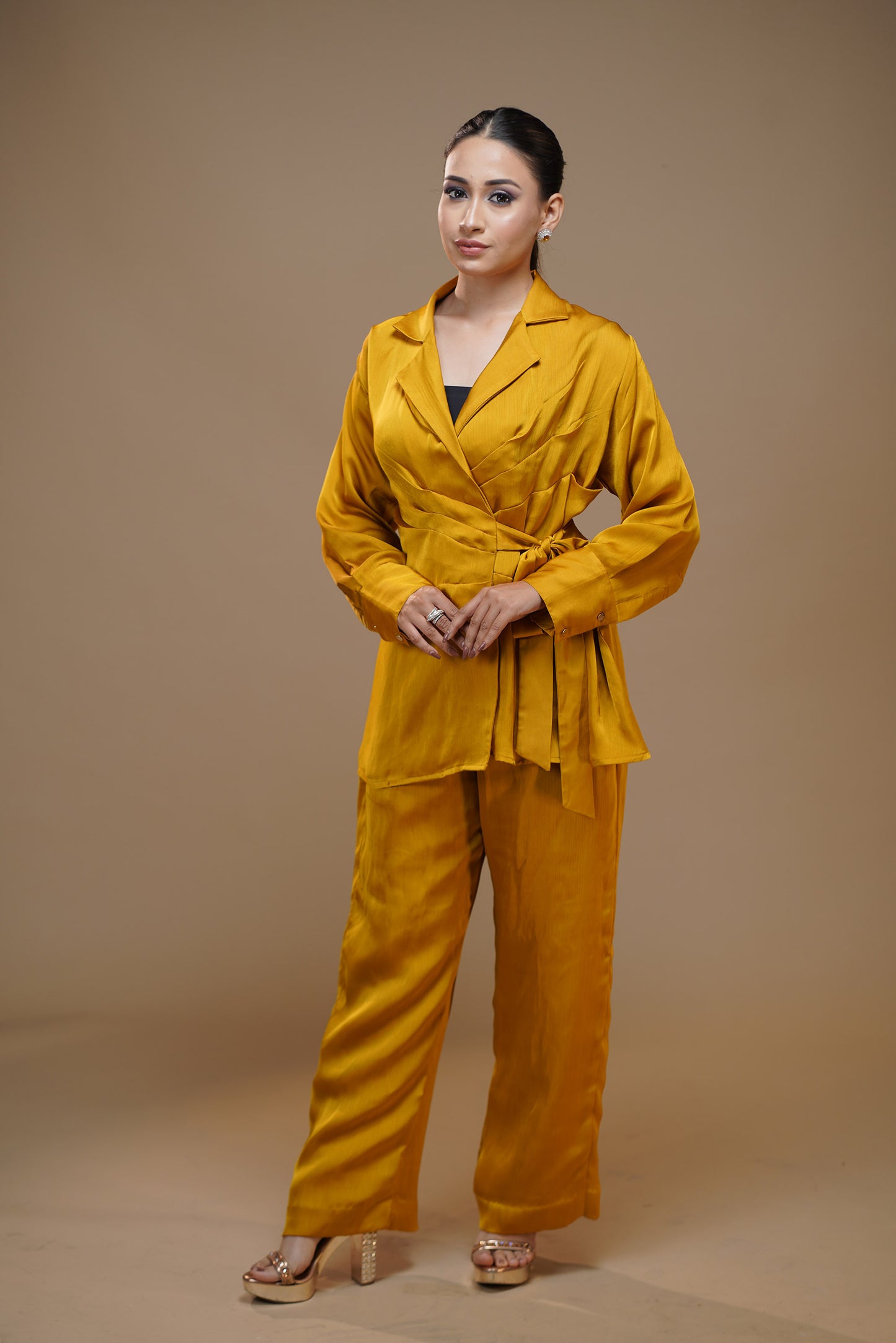 Sunny Yellow Knot Satin Pant Set