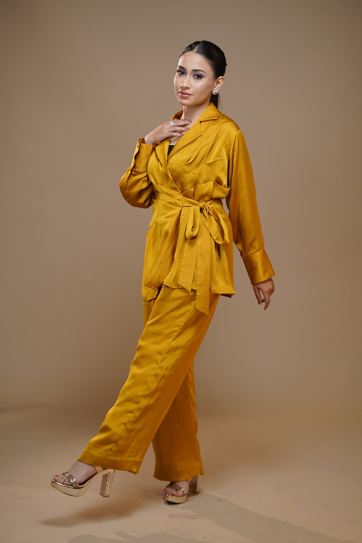 Sunny Yellow Knot Satin Pant Set