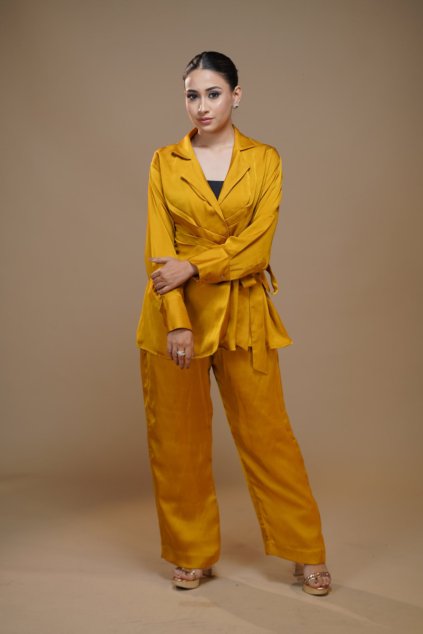 Sunny Yellow Knot Satin Pant Set
