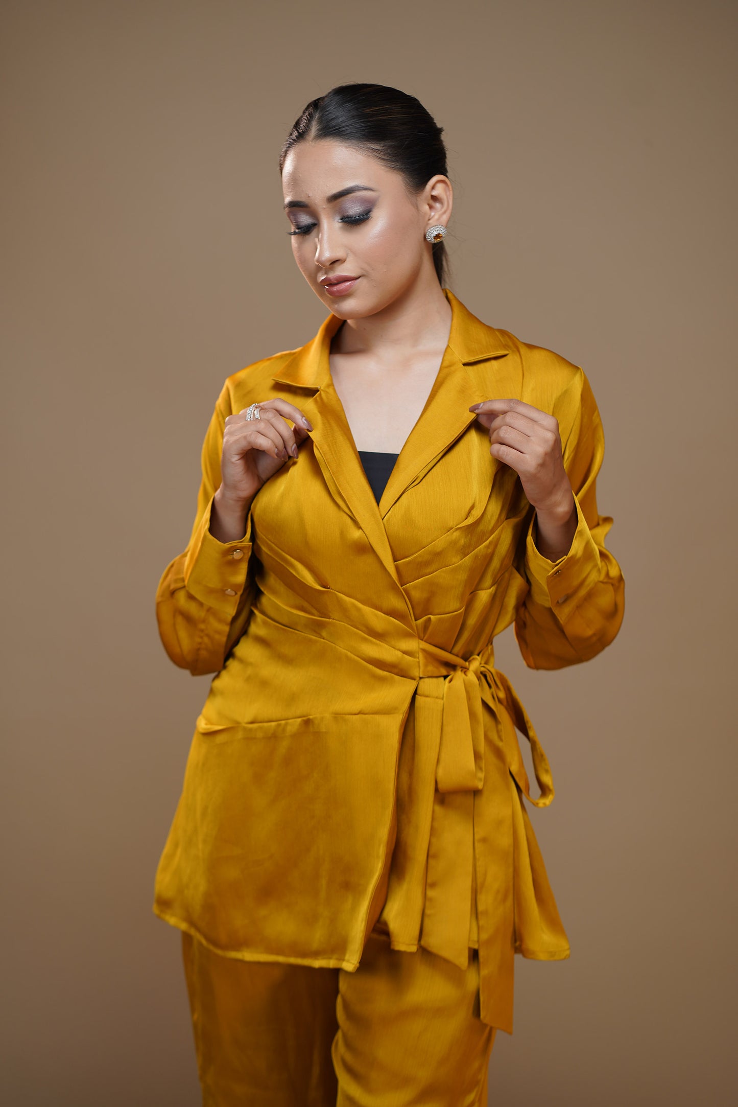 Sunny Yellow Knot Satin Pant Set