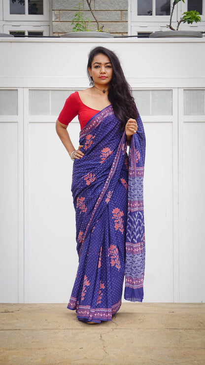 Elegant Navy Blue - Handblock Printed Cotton Saree for Summer