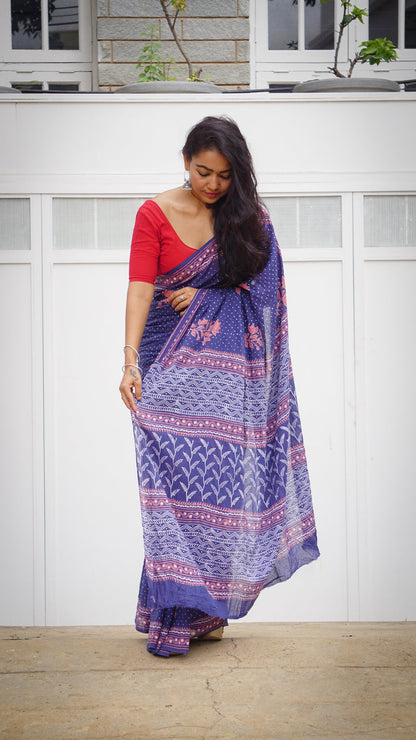 Elegant Navy Blue - Handblock Printed Cotton Saree for Summer