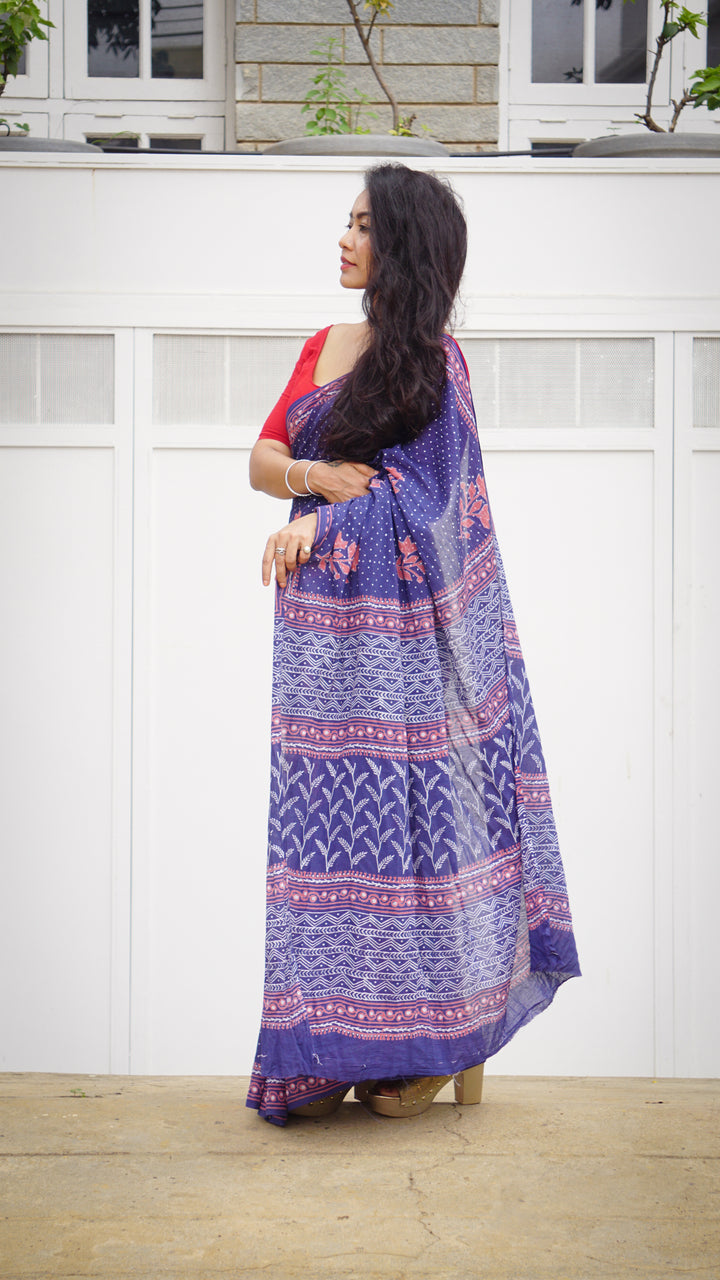 Elegant Navy Blue - Handblock Printed Cotton Saree for Summer