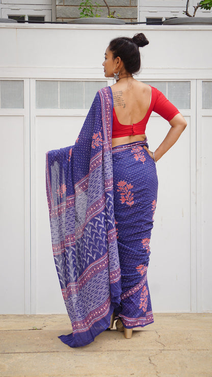 Elegant Navy Blue - Handblock Printed Cotton Saree for Summer