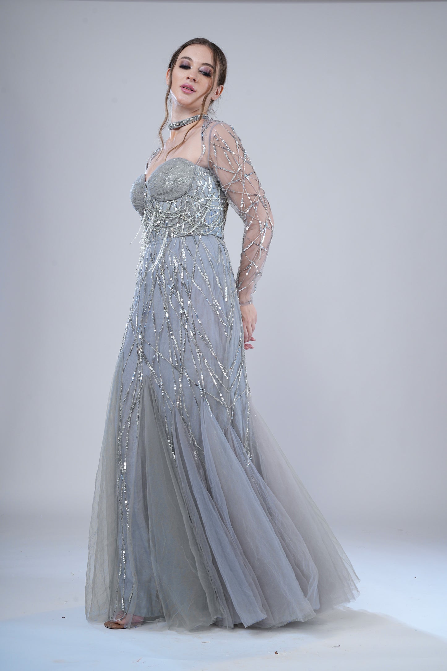 Frosty Slate Silver Tulle Bride's Sangeet Gown