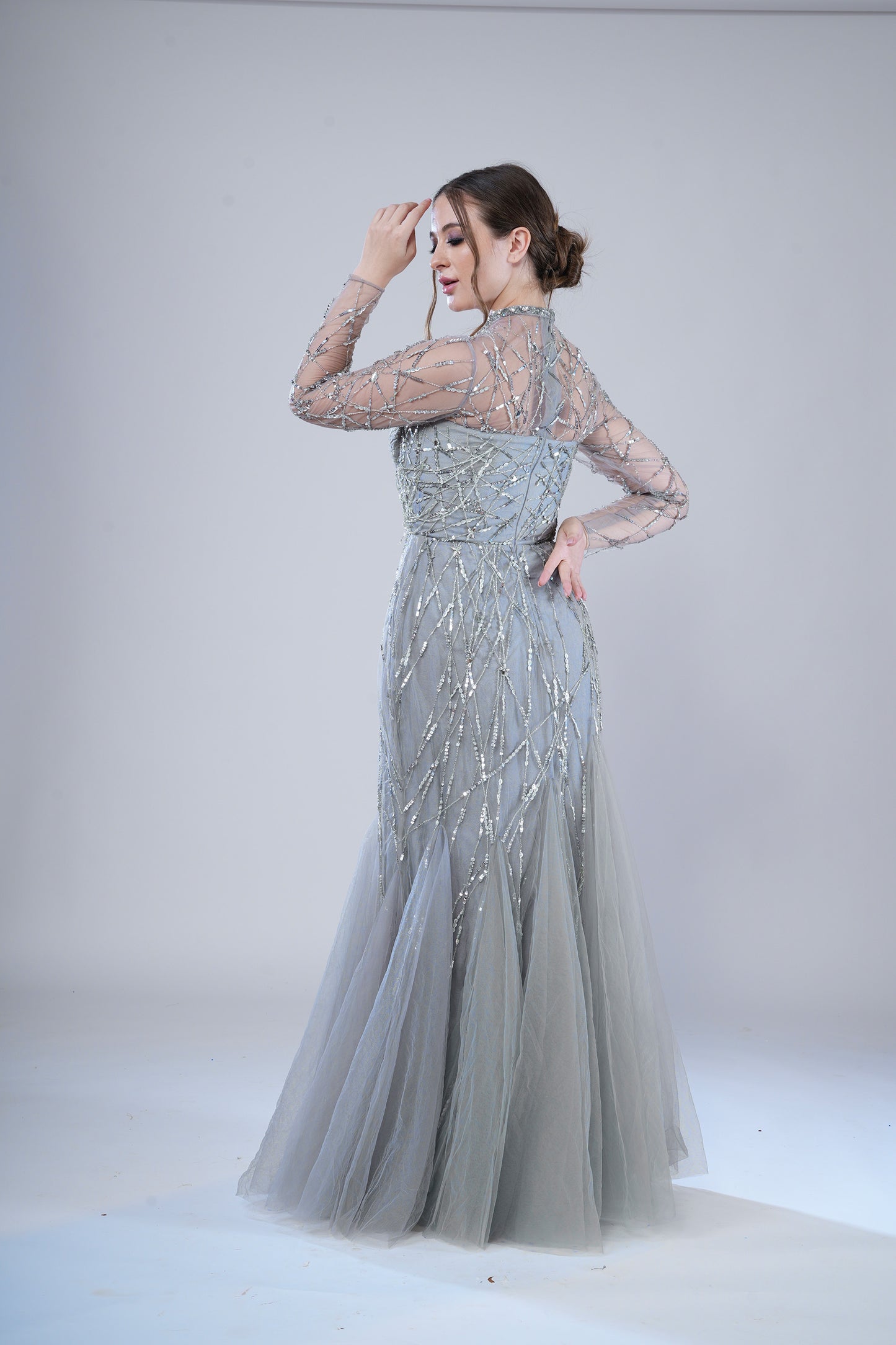 Frosty Slate Silver Tulle Bride's Sangeet Gown