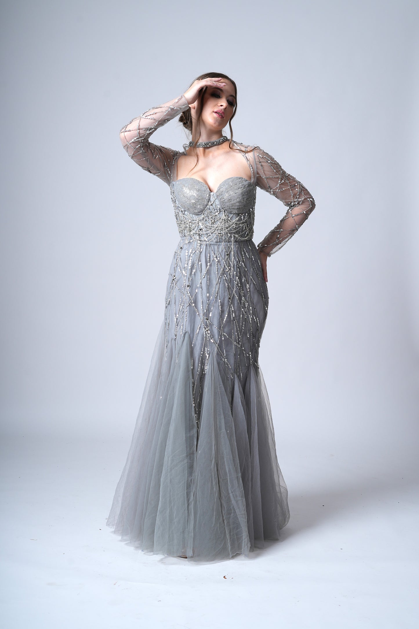 Frosty Slate Silver Tulle Bride's Sangeet Gown
