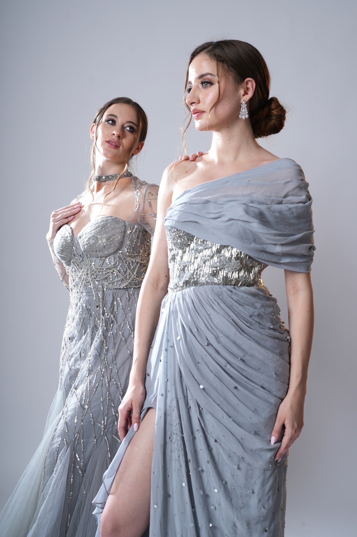 Frosty Slate Silver Tulle Bride's Sangeet Gown
