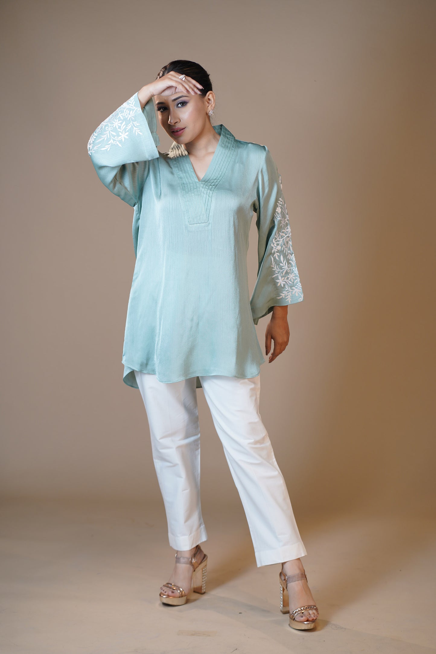 Embroidered Aqua Blue Crushed Satin Pant set