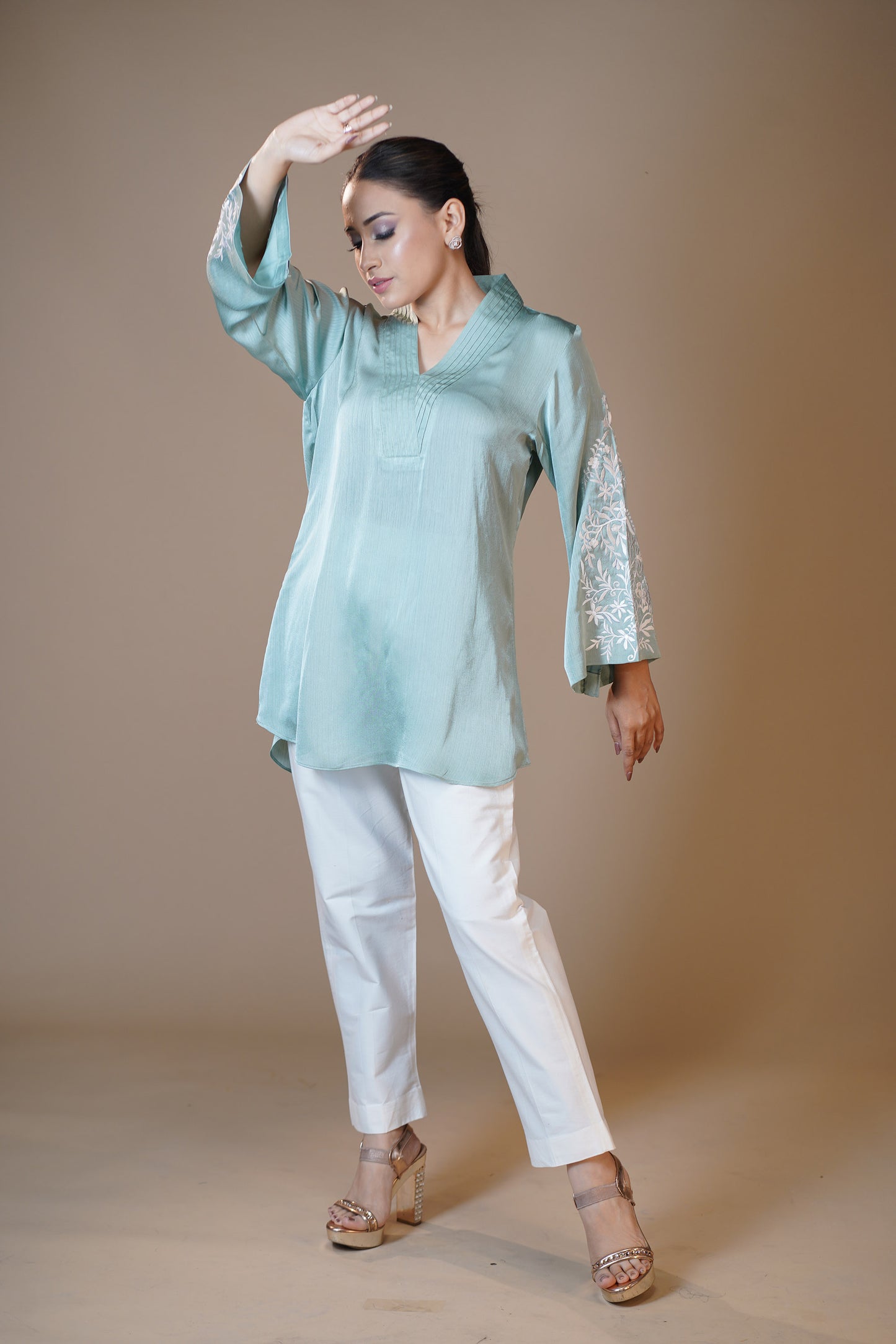 Embroidered Aqua Blue Crushed Satin Pant set
