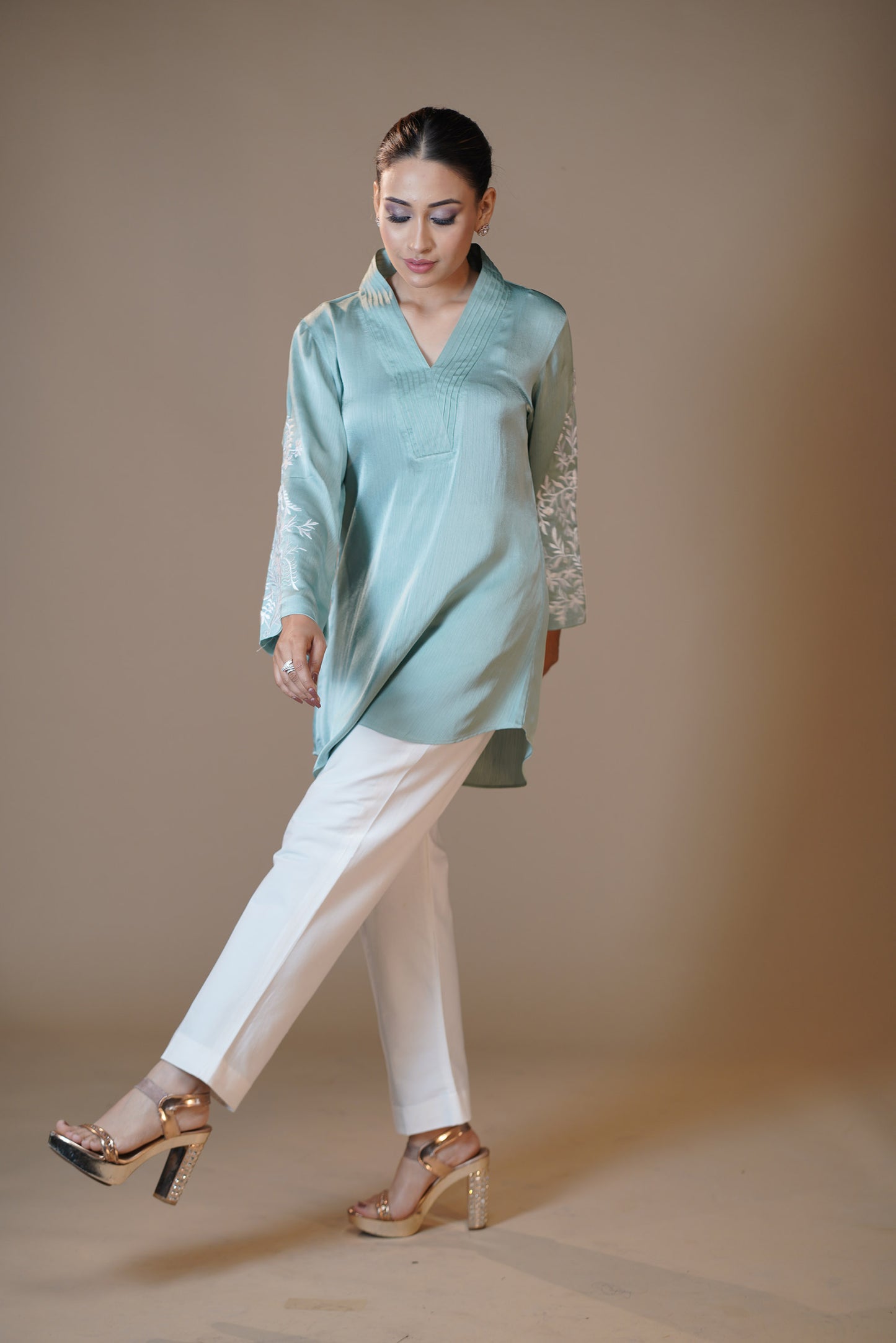 Embroidered Aqua Blue Crushed Satin Pant set