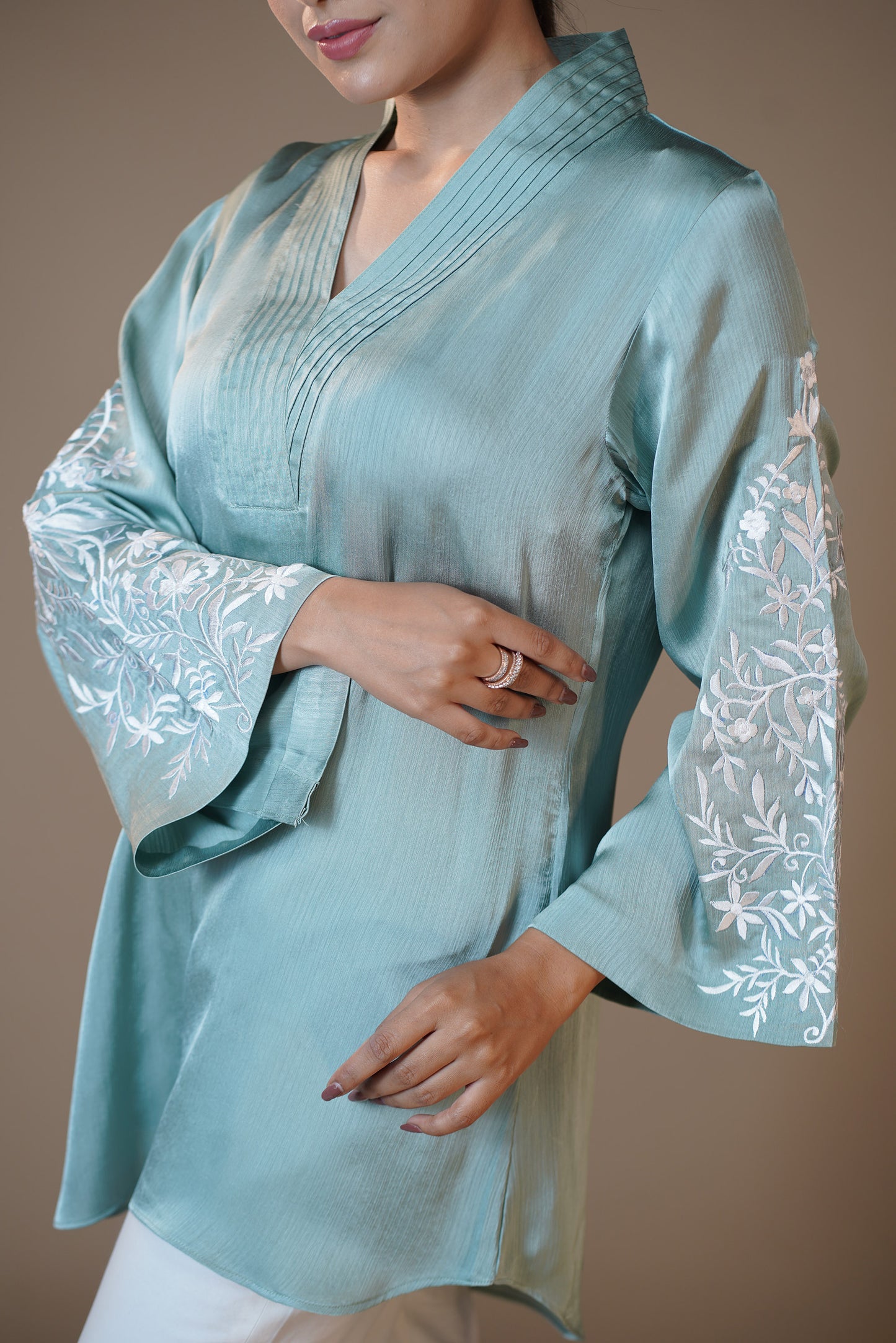 Embroidered Aqua Blue Crushed Satin Pant set