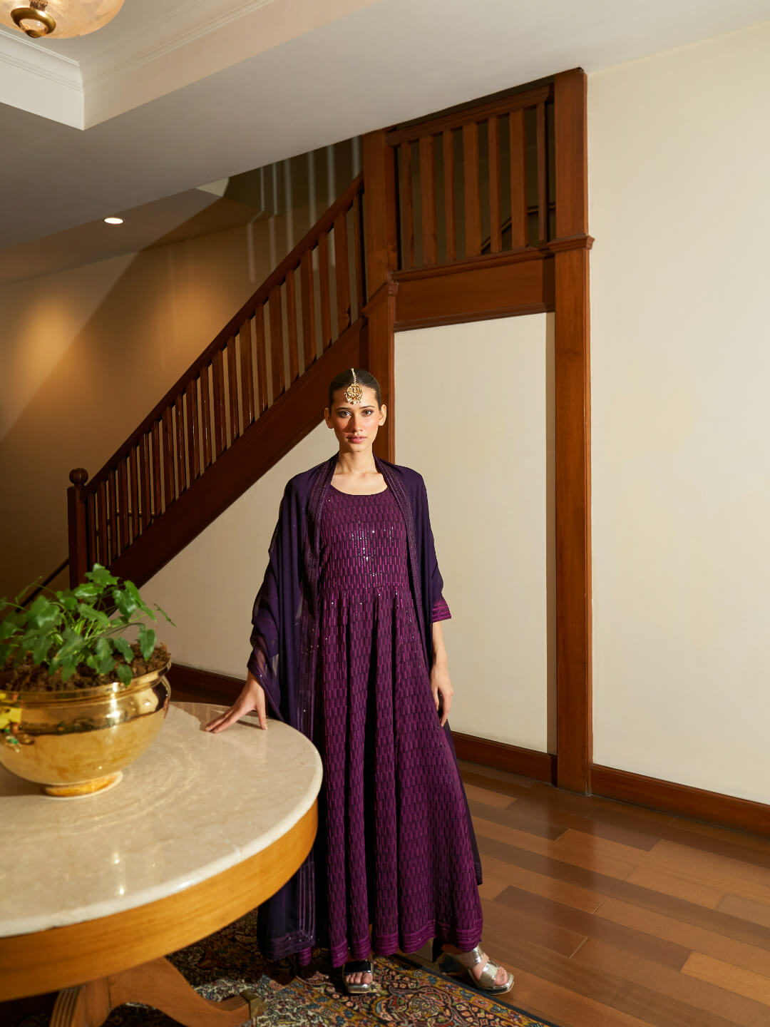 Wine Georgette Anarkali Suit With Allover Sequence Work