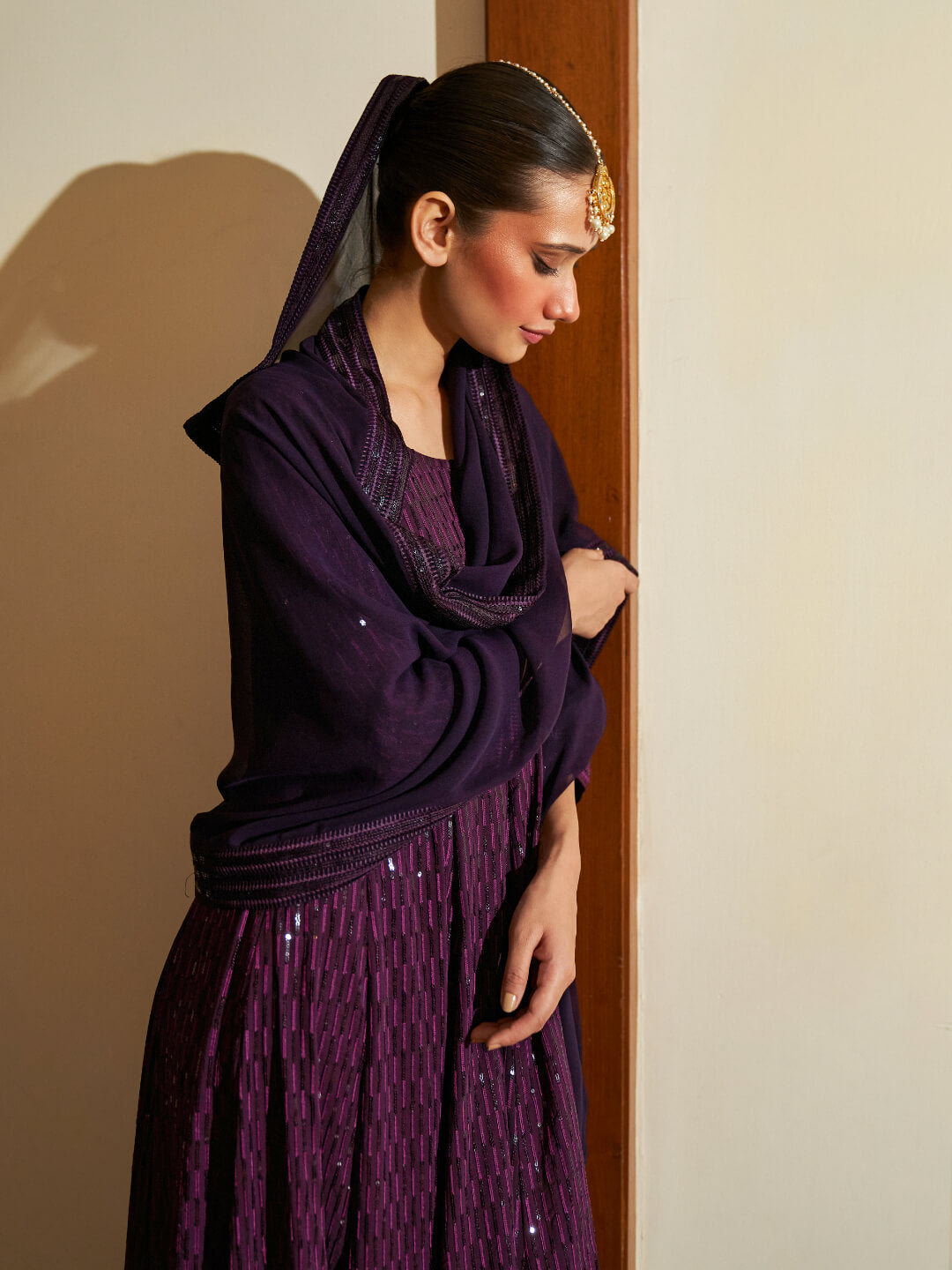 Wine Georgette Anarkali Suit With Allover Sequence Work