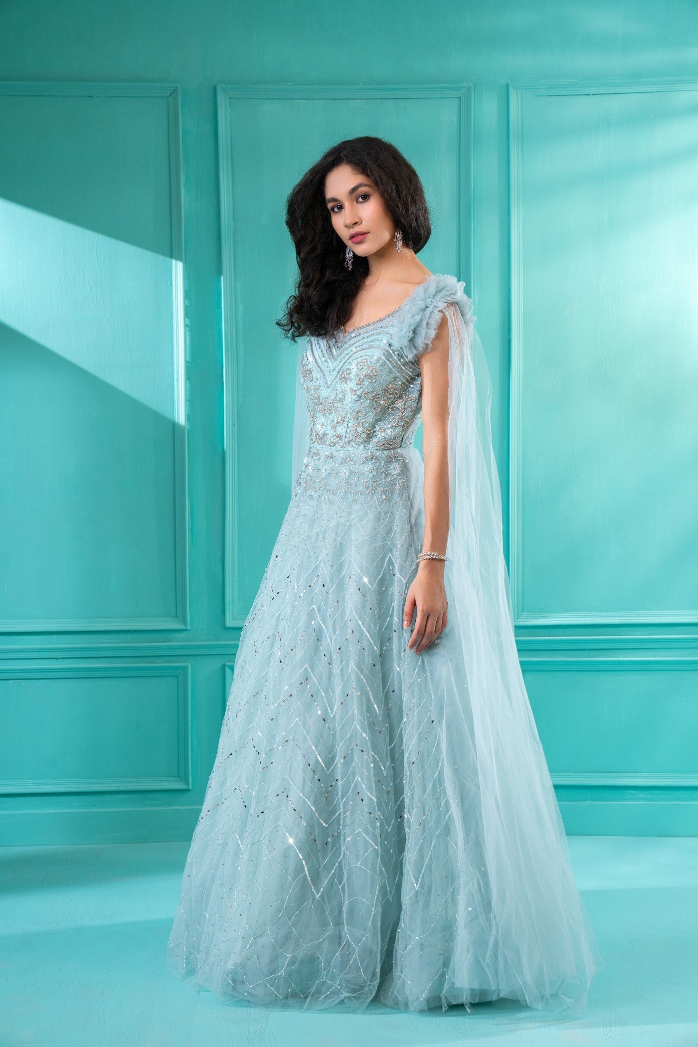 Baby Blue Sequins Embroidered Flared Gown