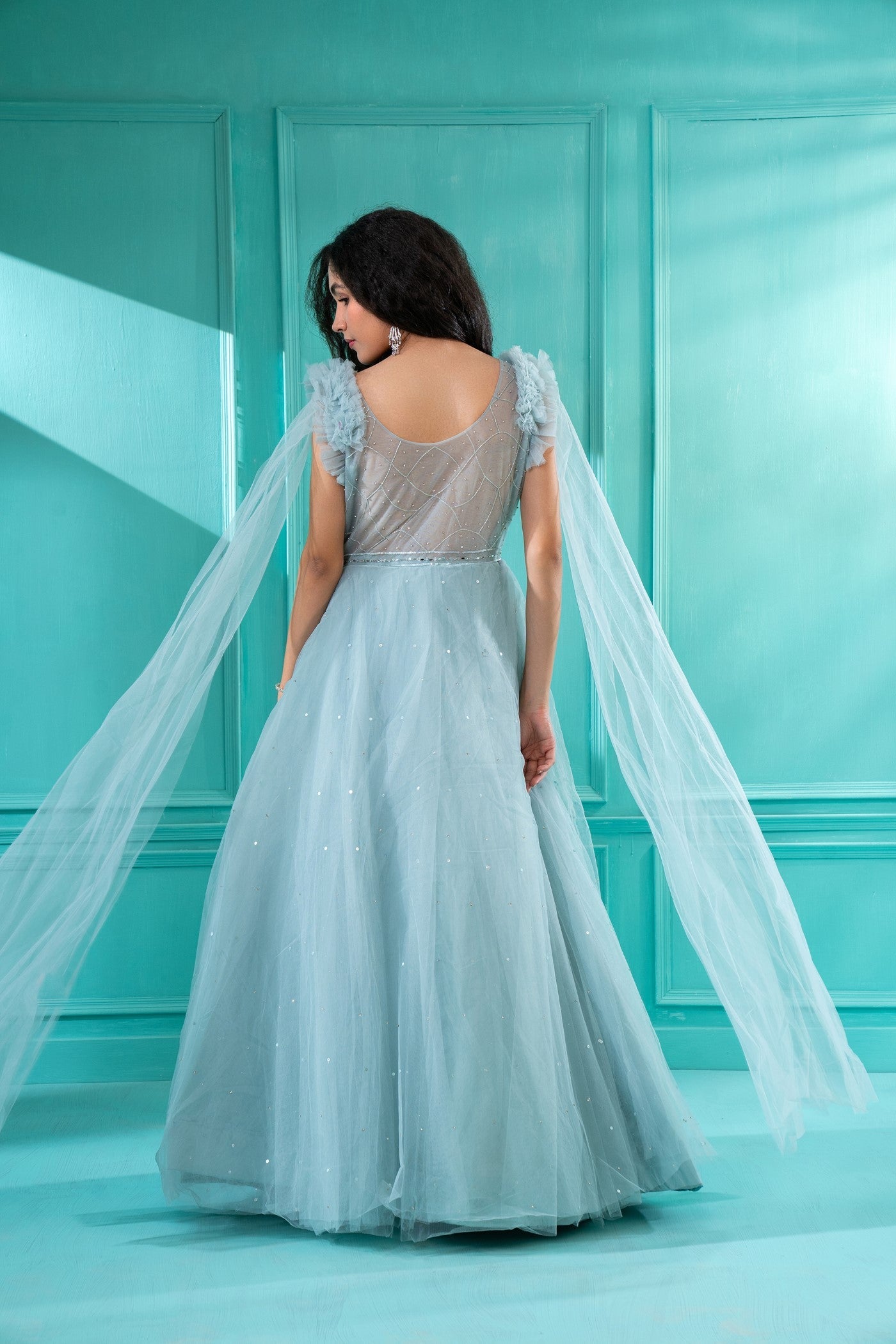 Baby Blue Sequins Embroidered Flared Gown