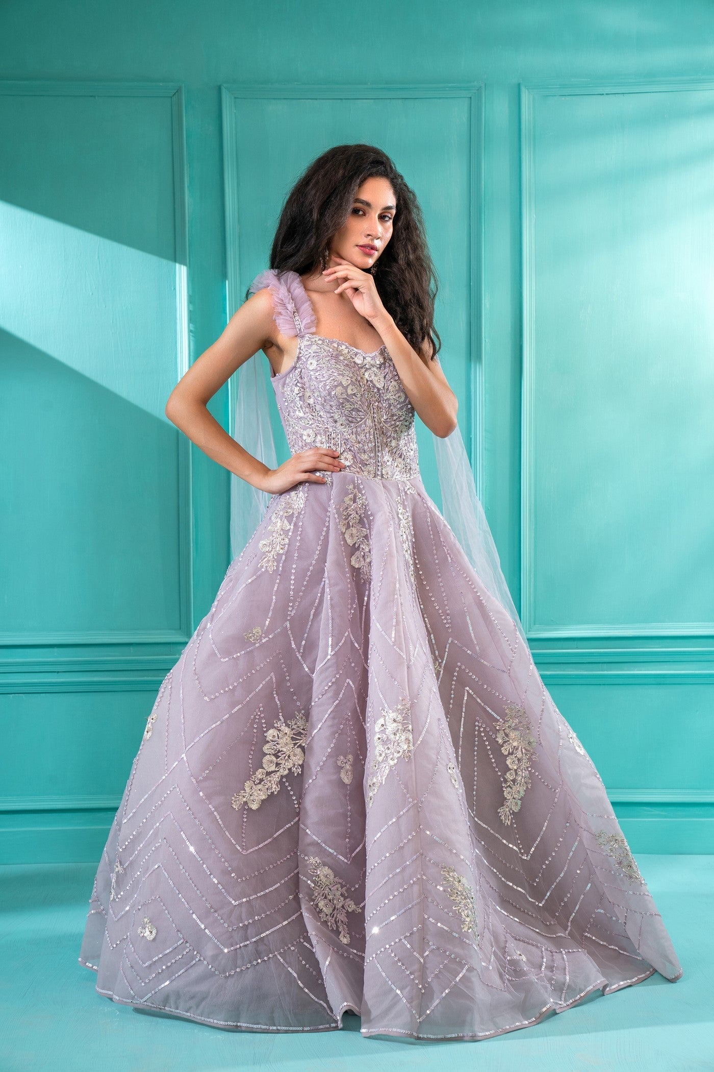 Dreamy Lilac Sequins Embroidered Flared Gown