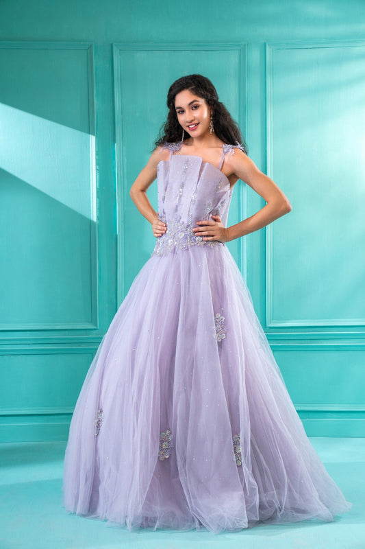 Lavender Sequins Embroidered Tulle Flared Gown