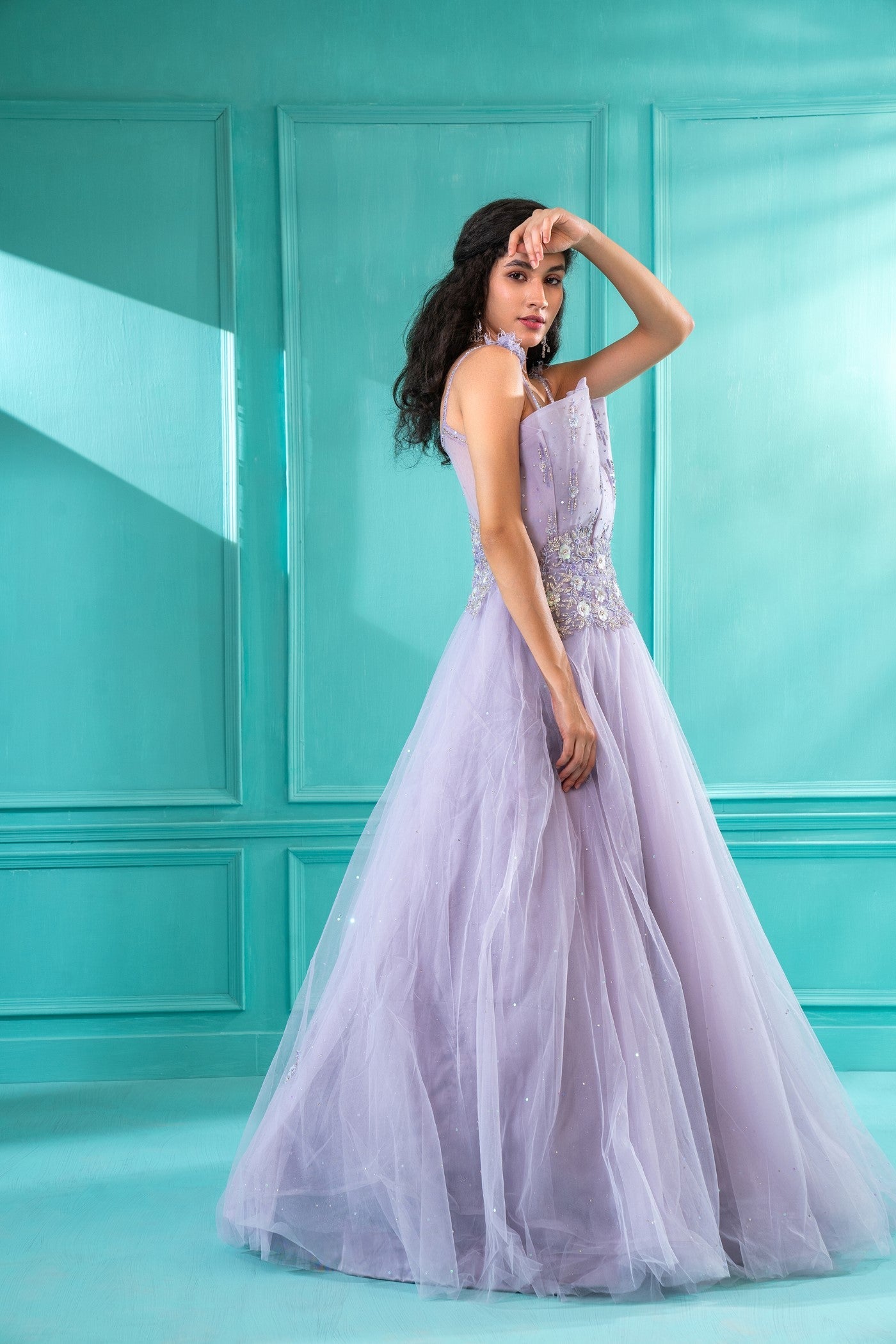 Lavender Sequins Embroidered Tulle Flared Gown
