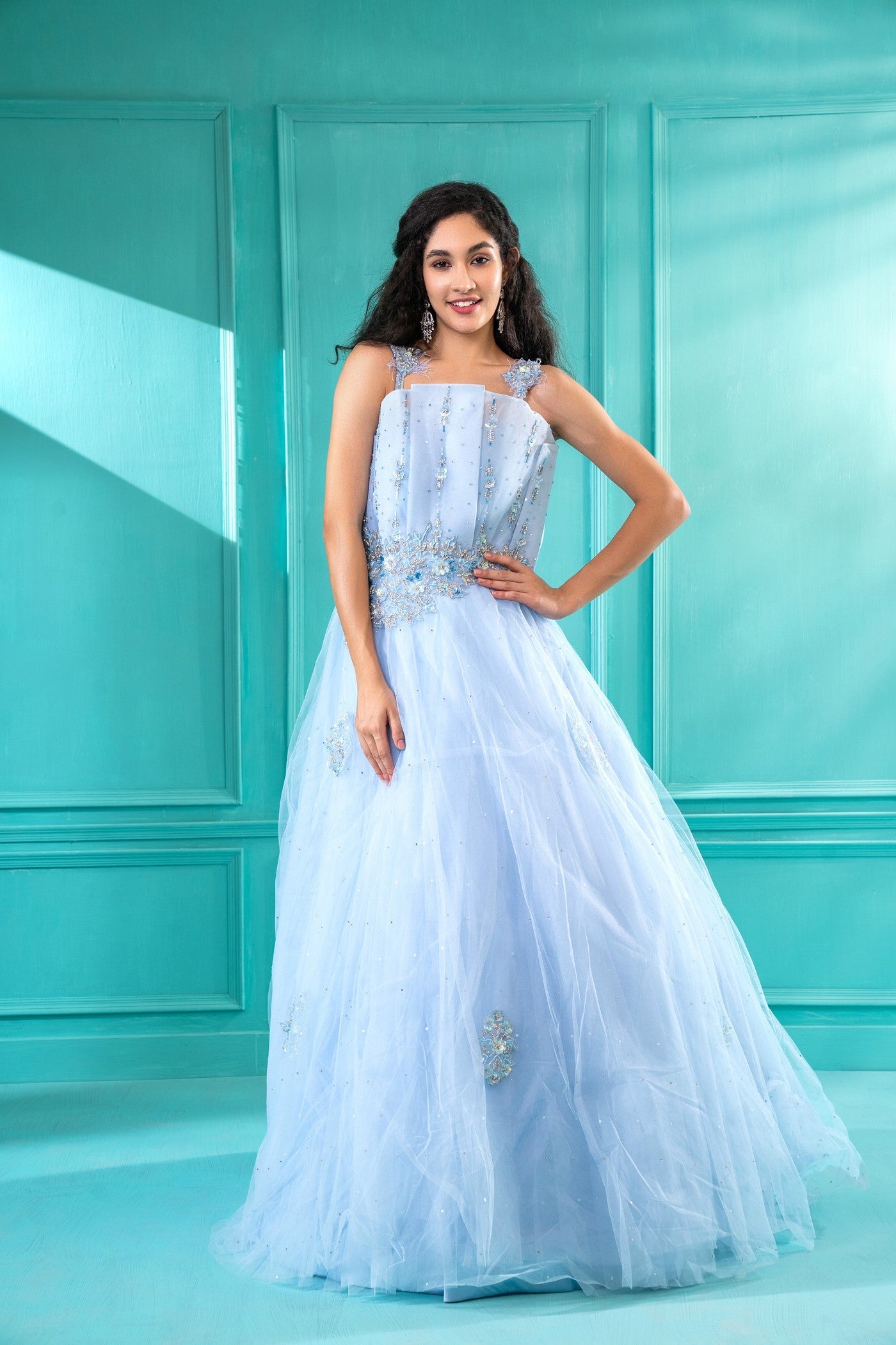 Pastel Blue Sequins Embroidered Tulle Flared Gown