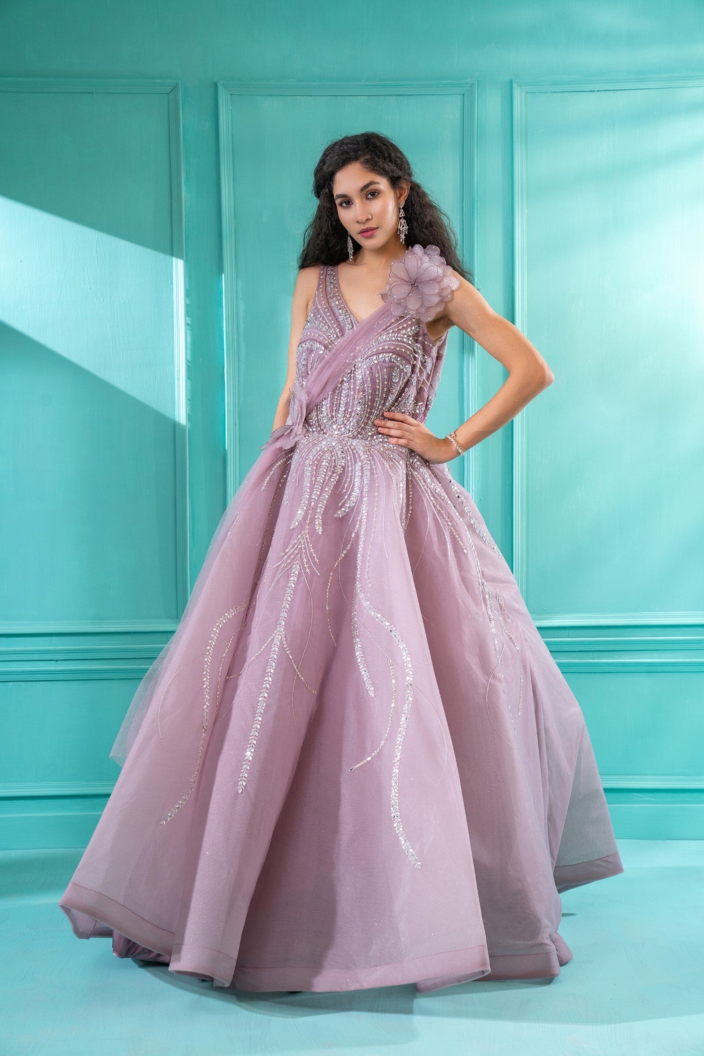 Opera Mauve Sequins Embroidered Umbrella Gown