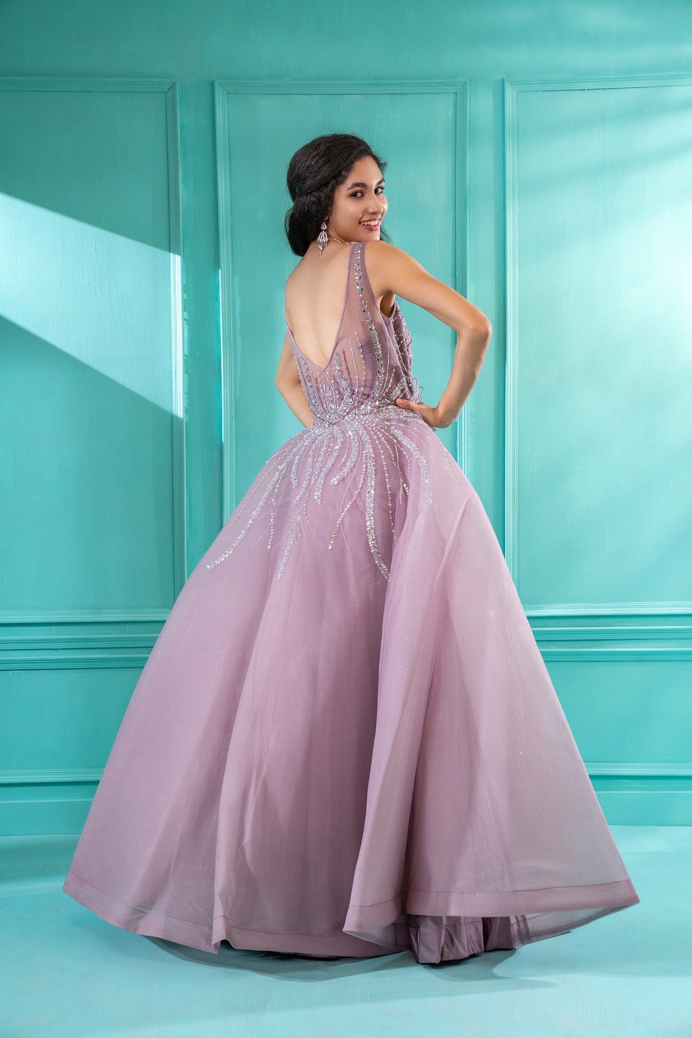 Opera Mauve Sequins Embroidered Umbrella Gown