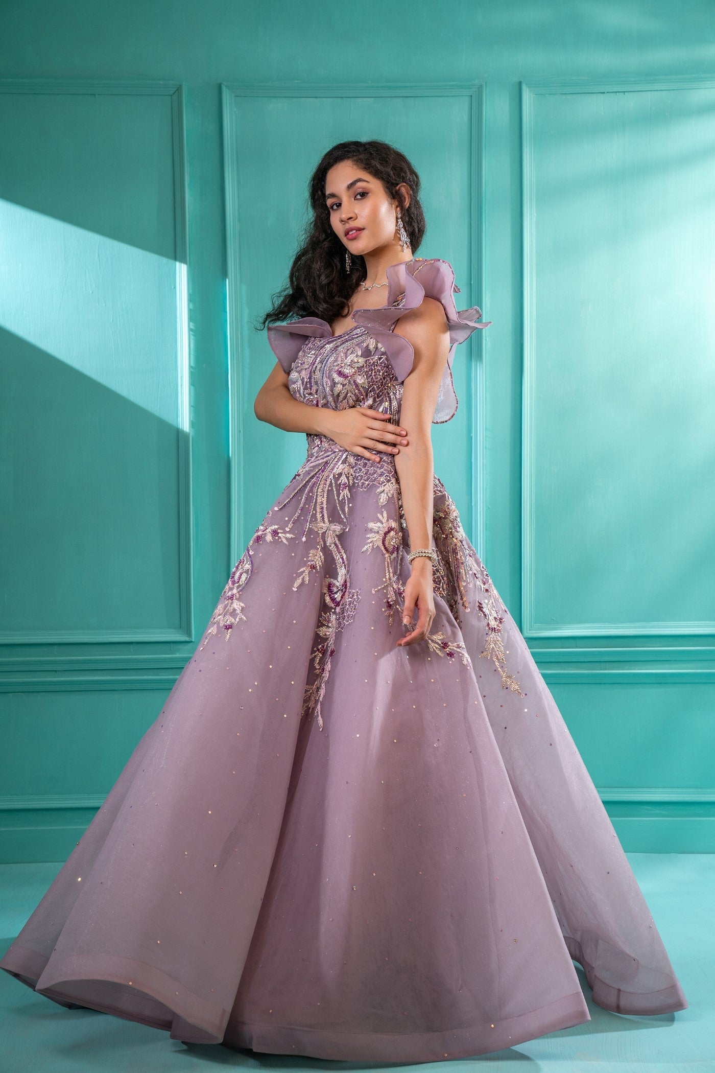 Dusty Muave Floral Motif Embroidered Umbrella Gown