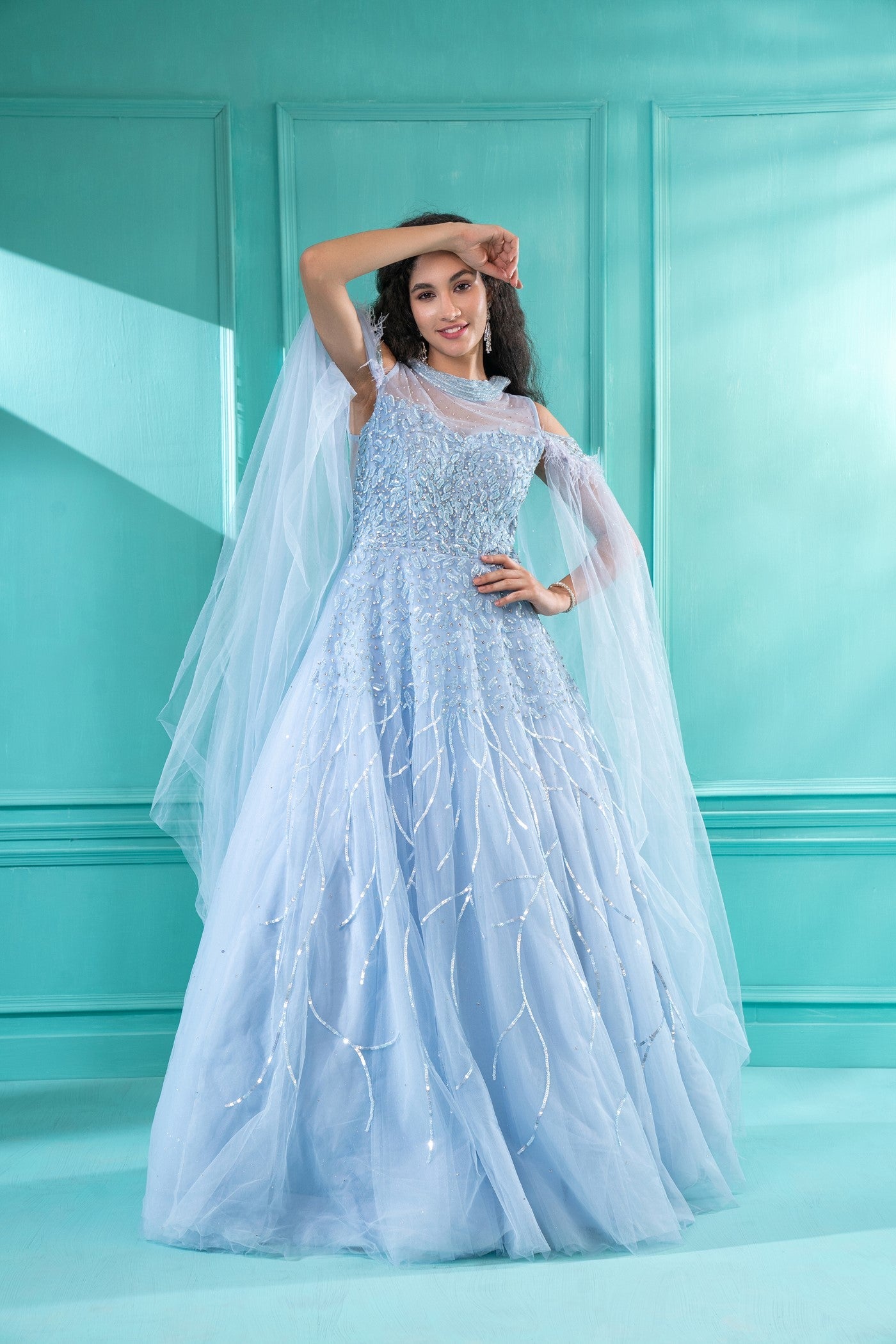 Powder Blue Sequins Embroidered Tulle Flared Gown
