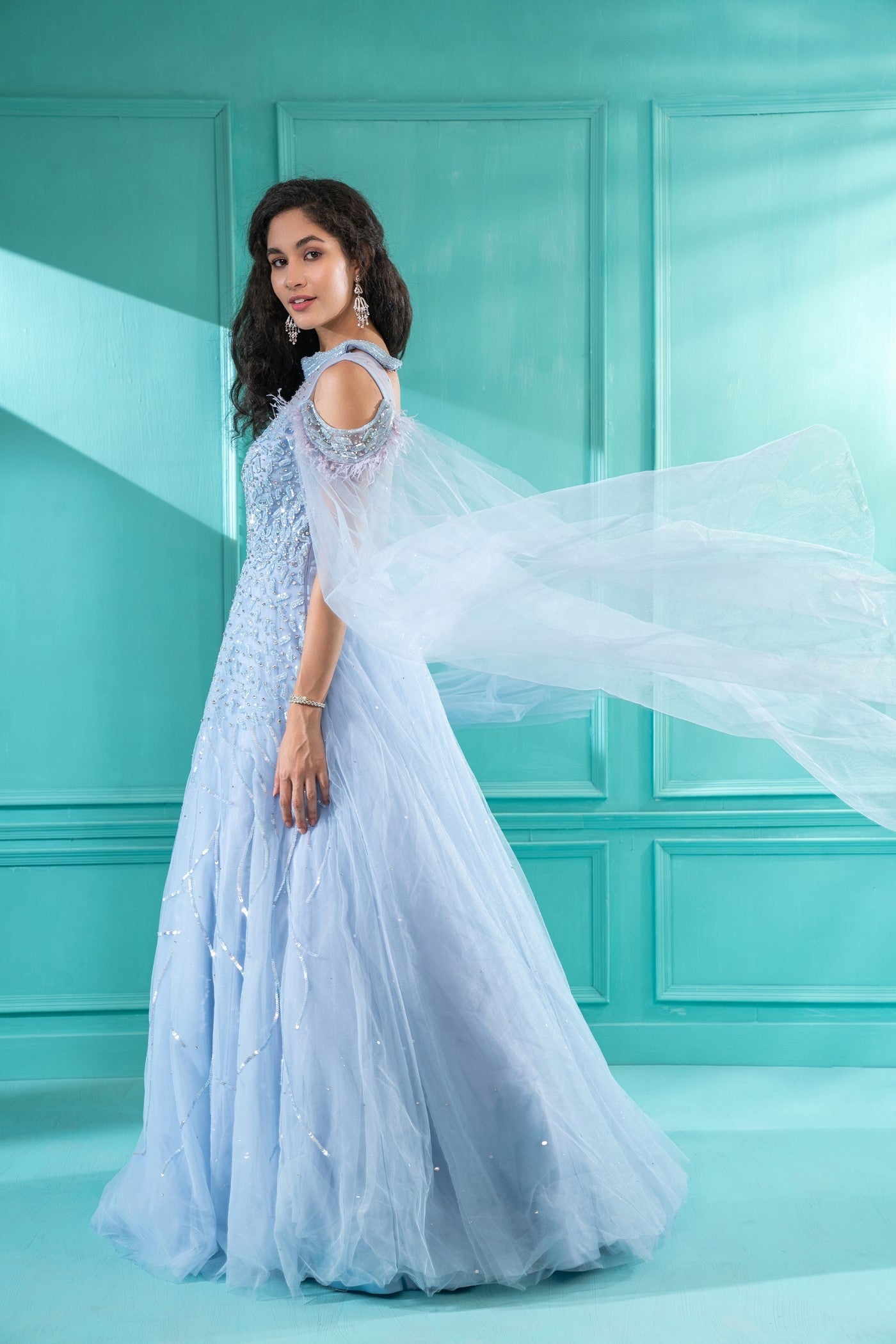 Powder Blue Sequins Embroidered Tulle Flared Gown