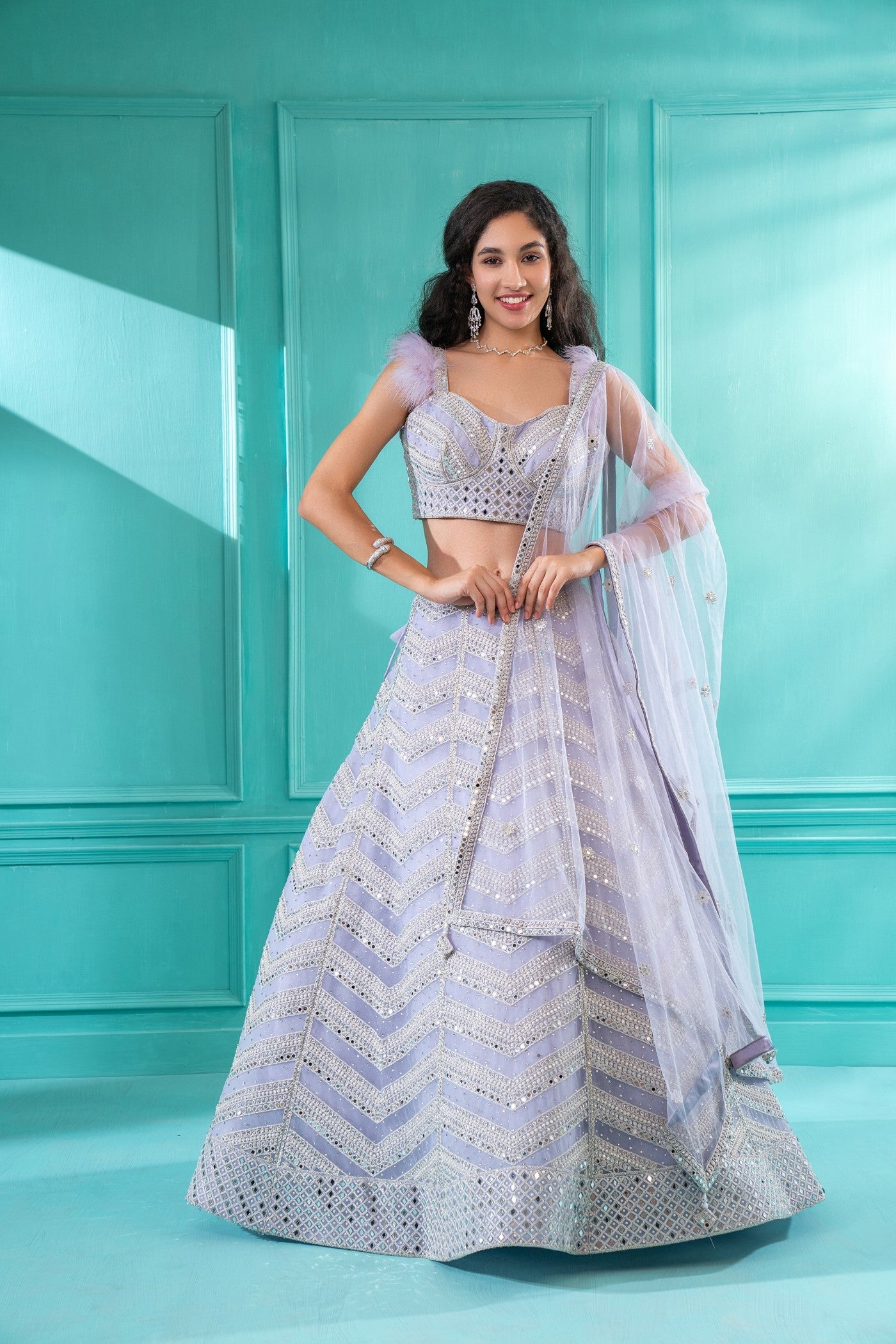 Light Lavender Lehenga Set in Net & Satin.
