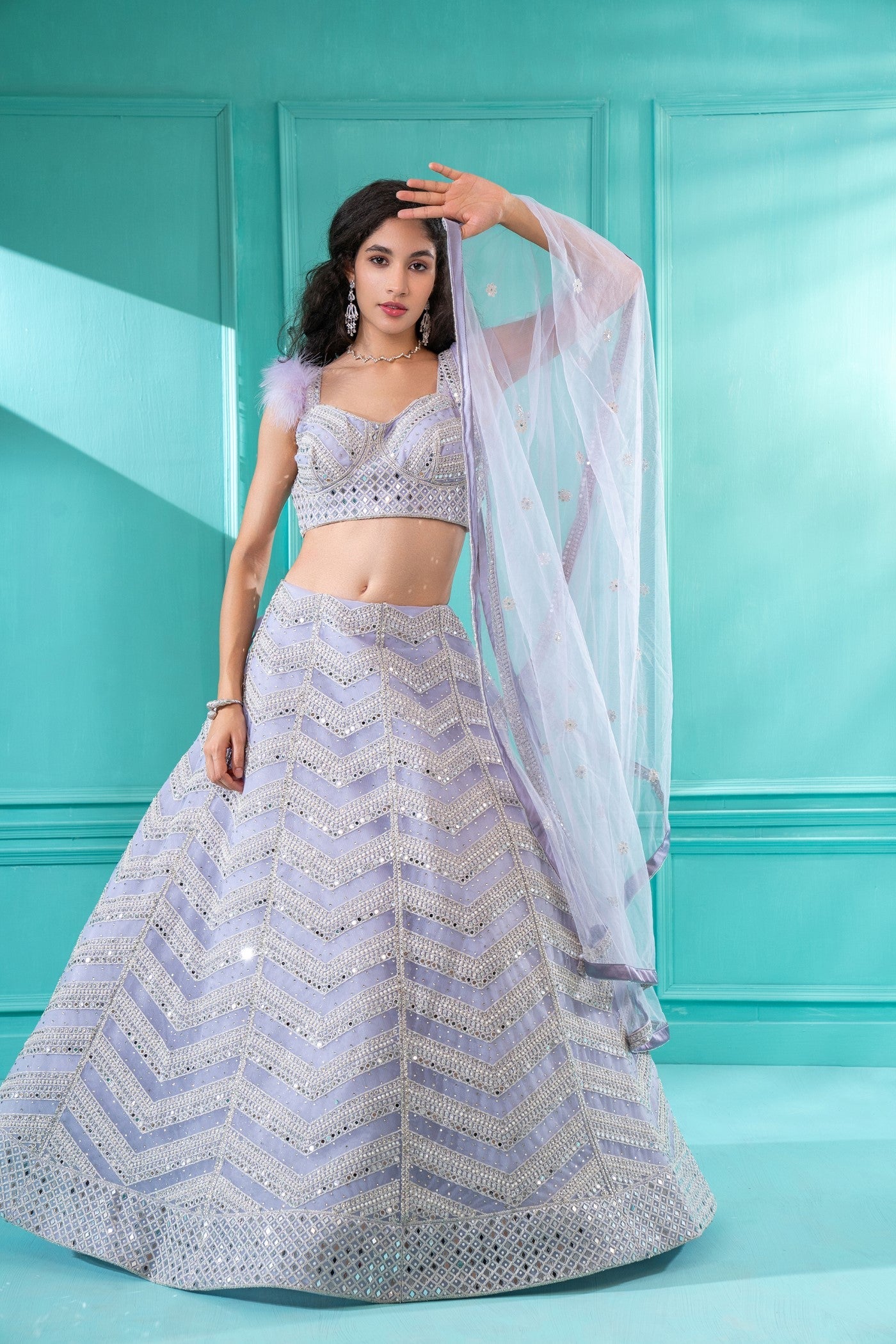 Light Lavender Lehenga Set in Net & Satin.
