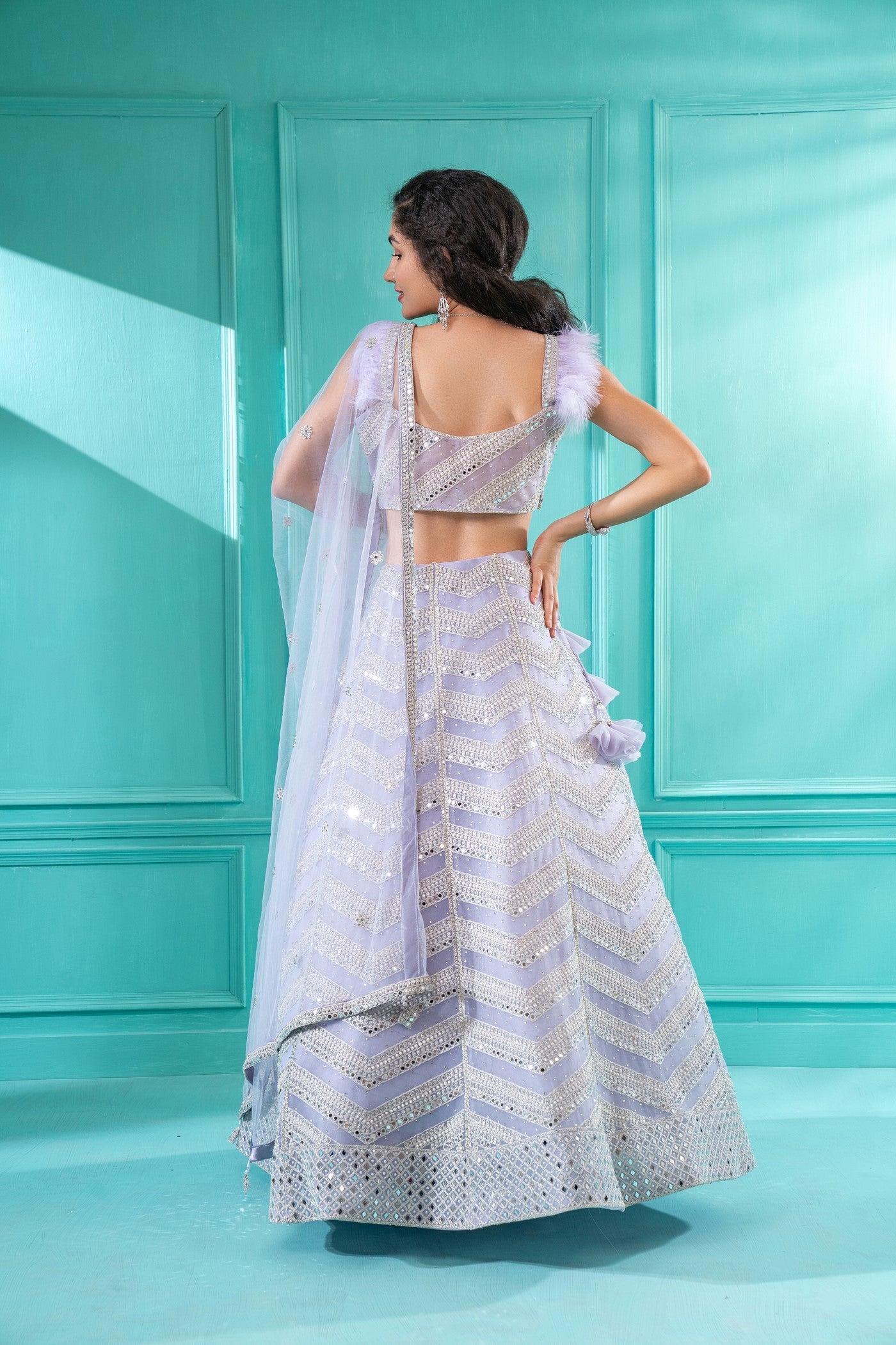 Light Lavender Lehenga Set in Net & Satin.