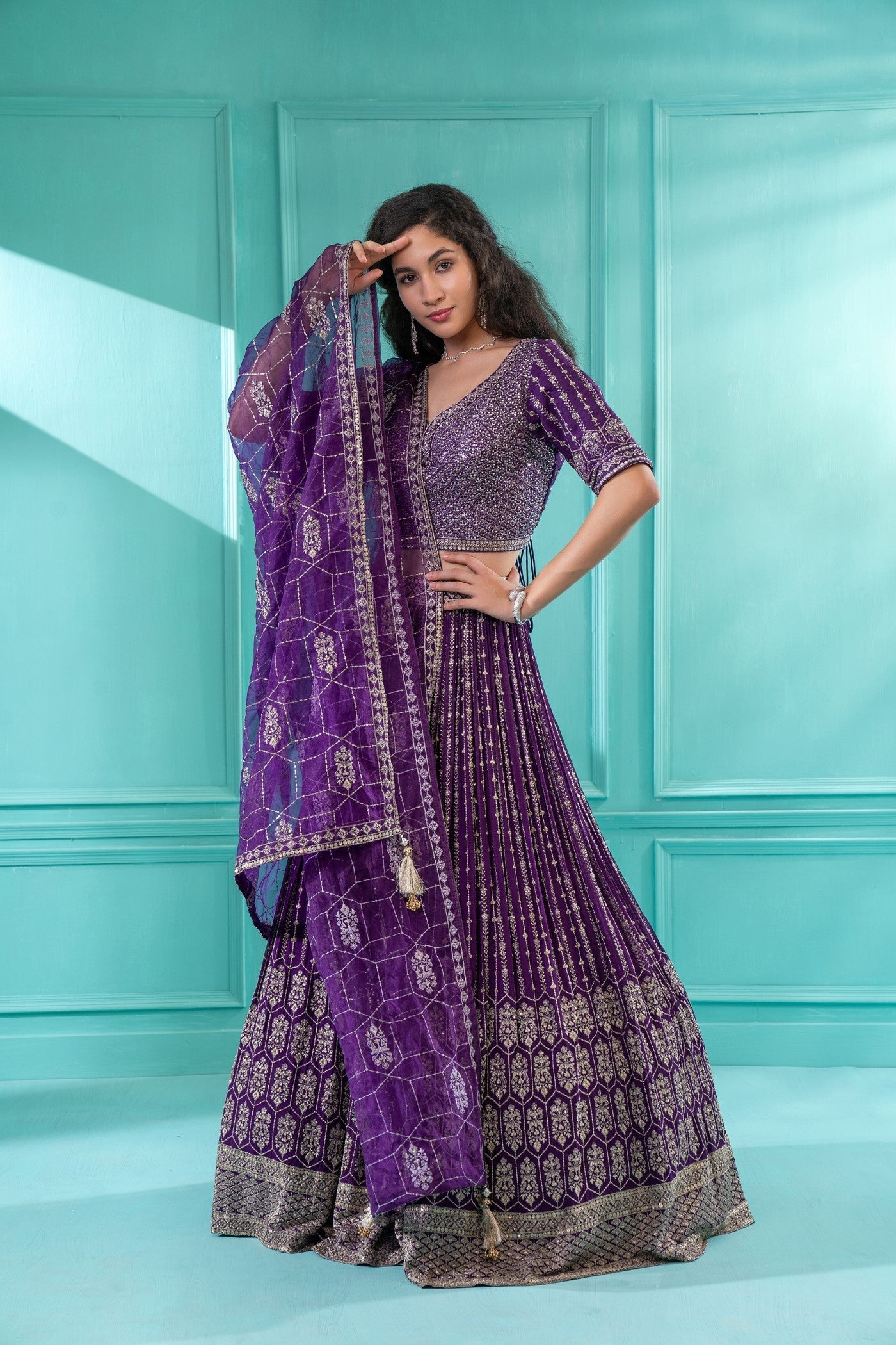 Purple Lehenga Set In Georgette With Mirror And Thread Embroidery
