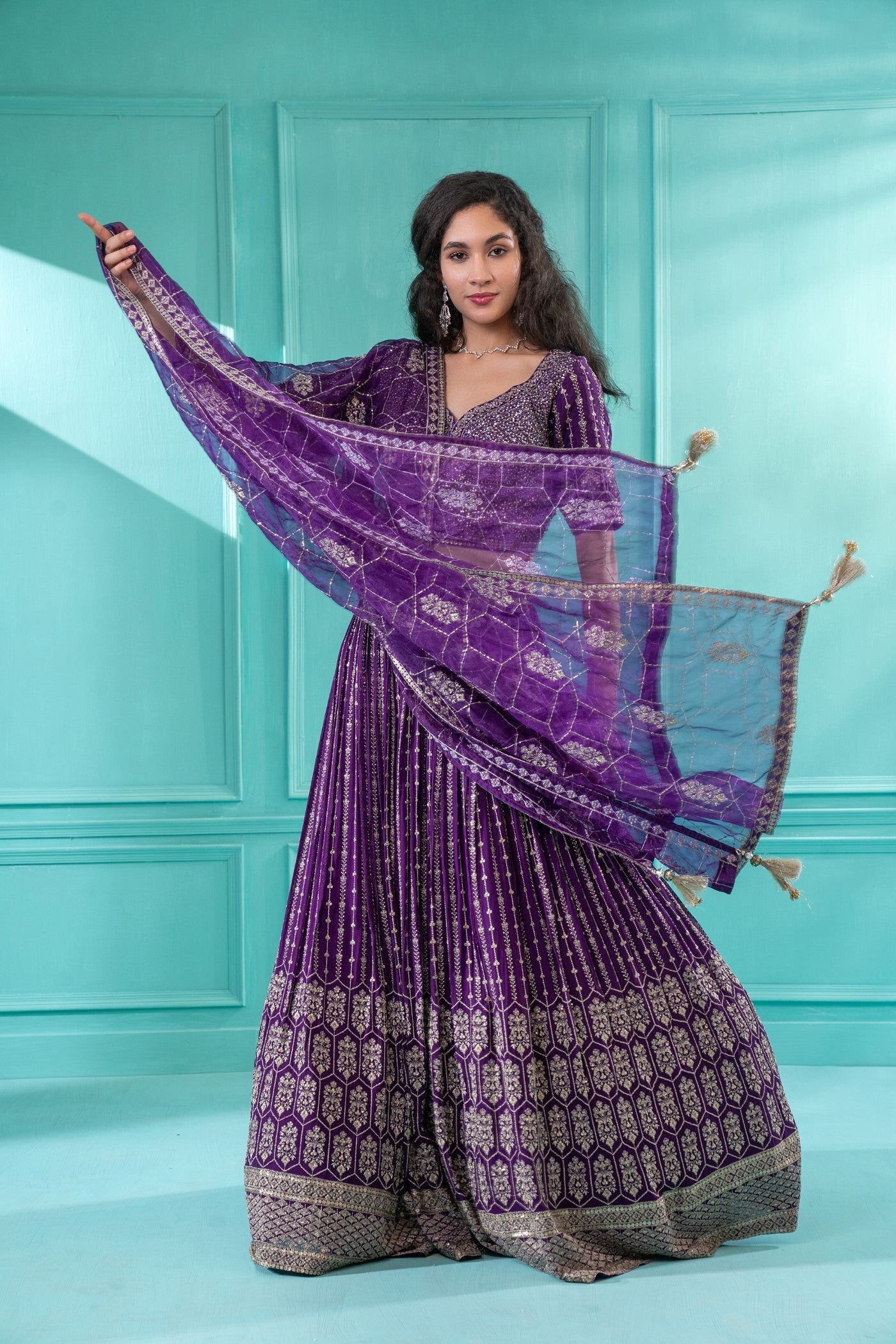 Purple Lehenga Set In Georgette With Mirror And Thread Embroidery
