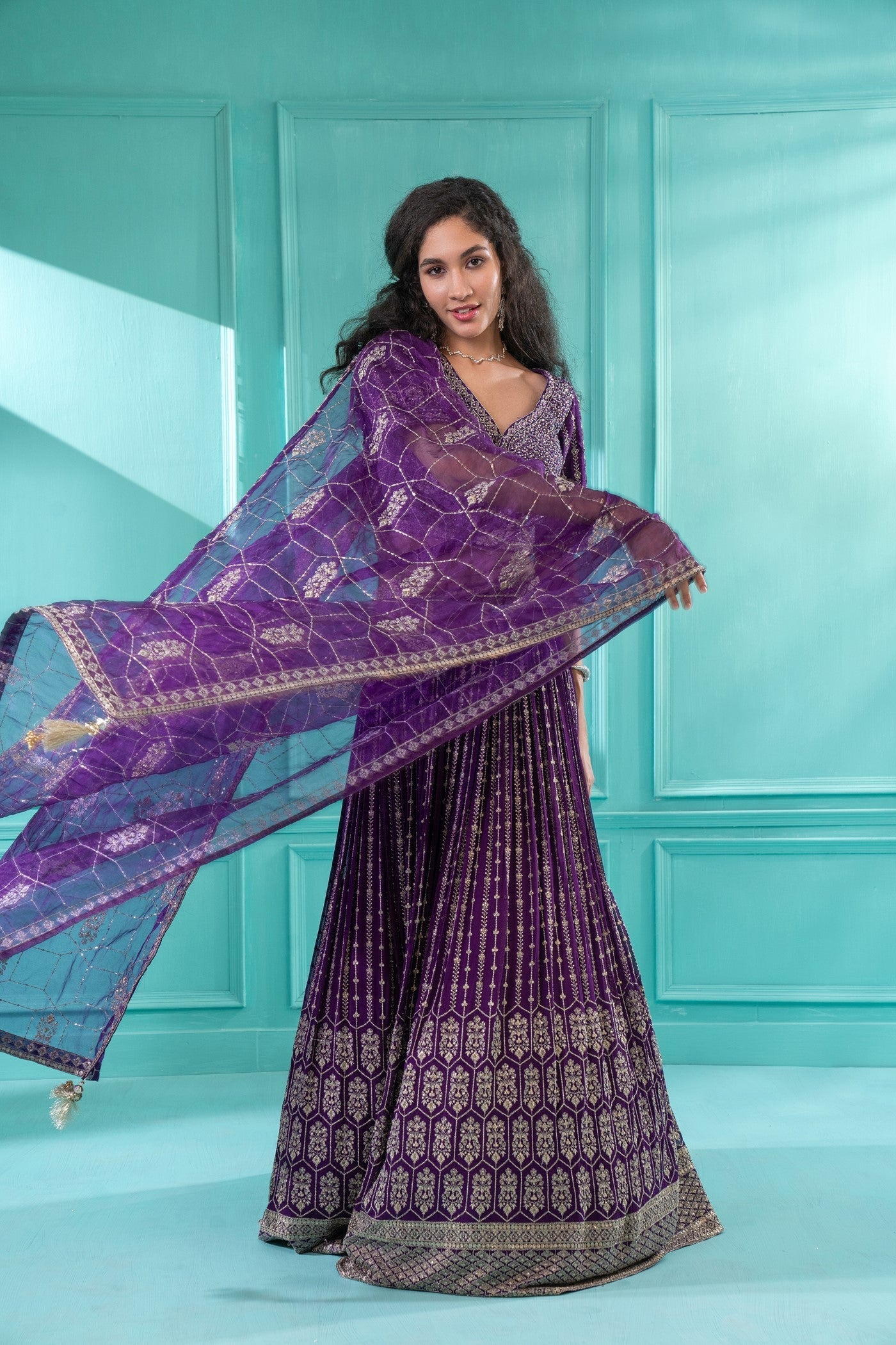 Purple Lehenga Set In Georgette With Mirror And Thread Embroidery