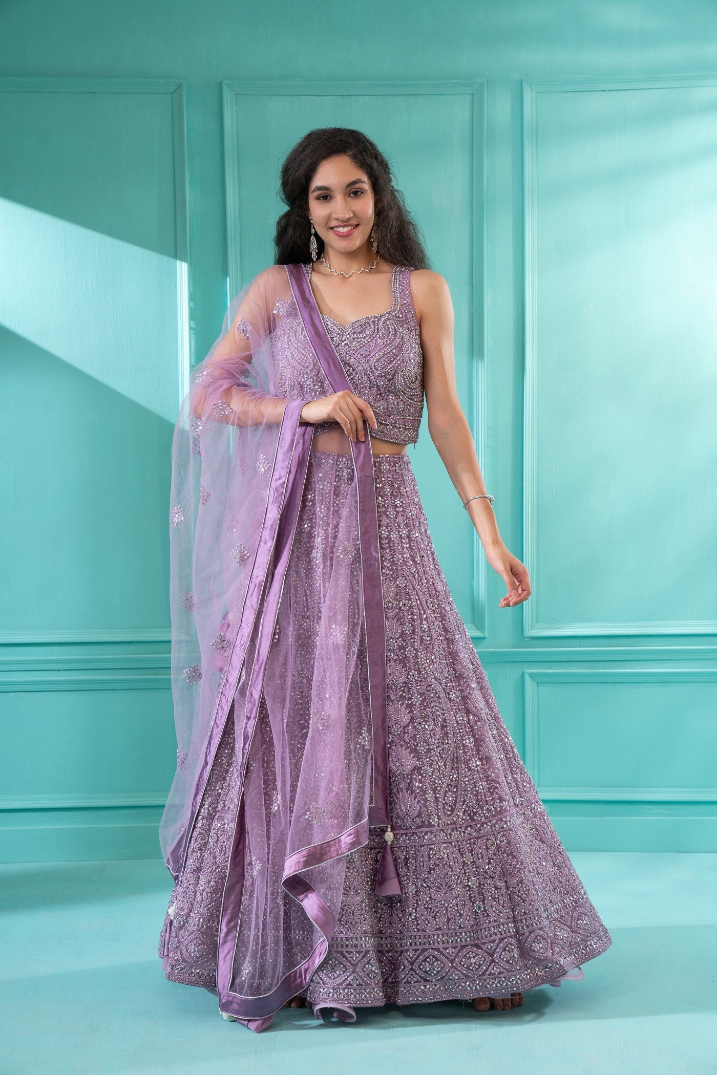 Onion Pink Festive Lehenga set with Moti Embriodered in Net