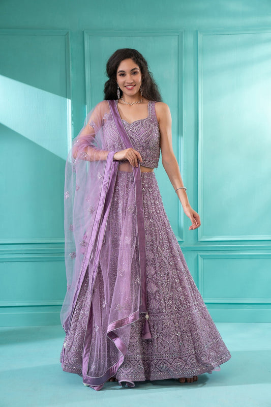 Onion Pink Festive Lehenga set with Moti Embriodered in Net