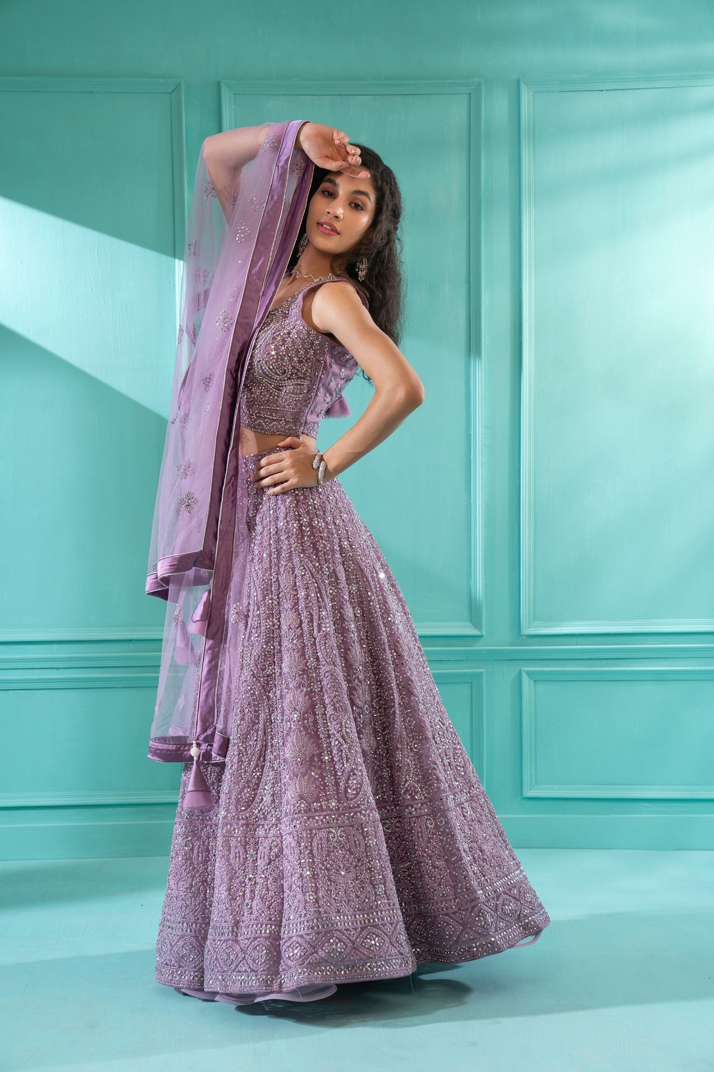 Onion Pink Festive Lehenga set with Moti Embriodered in Net