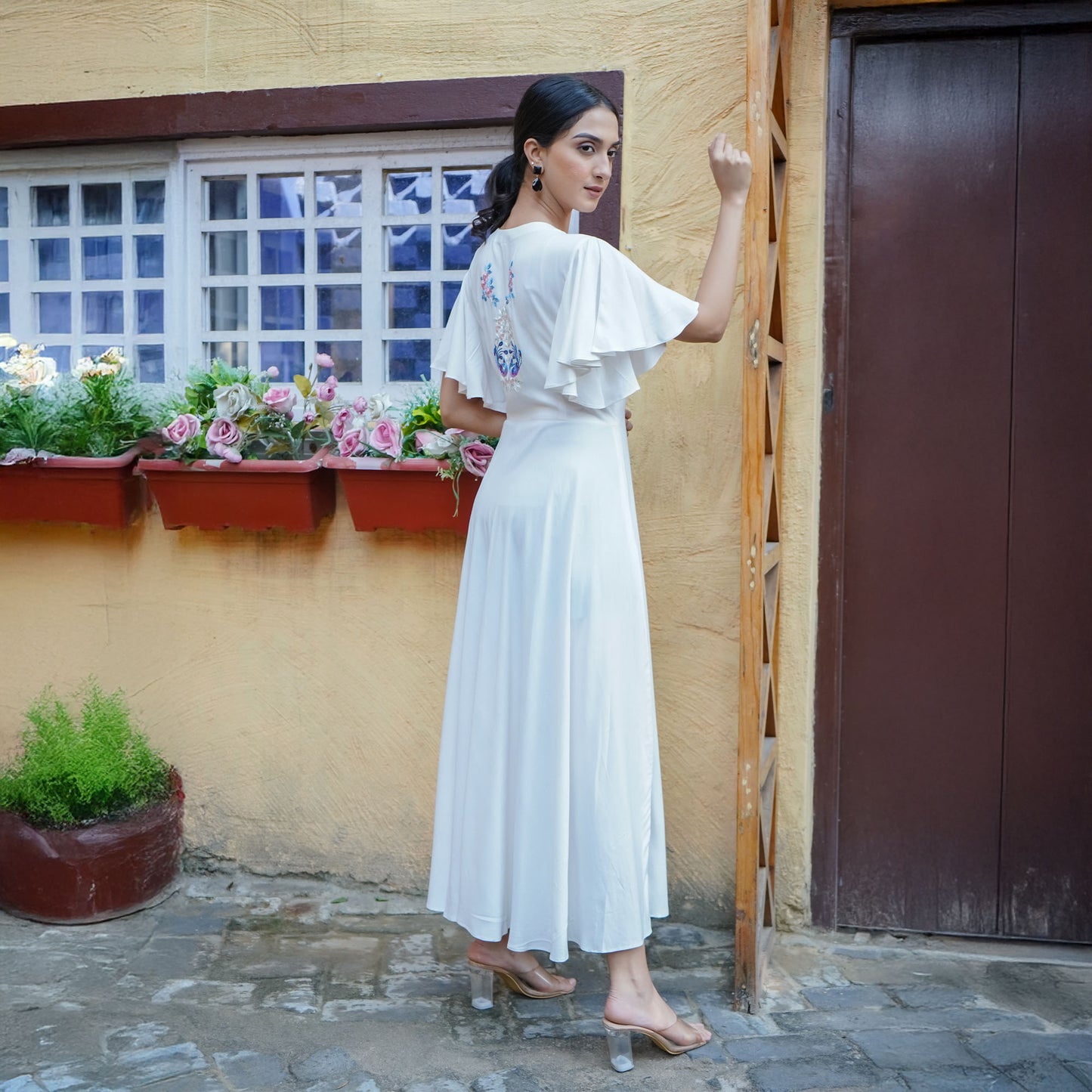 White Cotton Flower Thread Embroidery Flared Dress