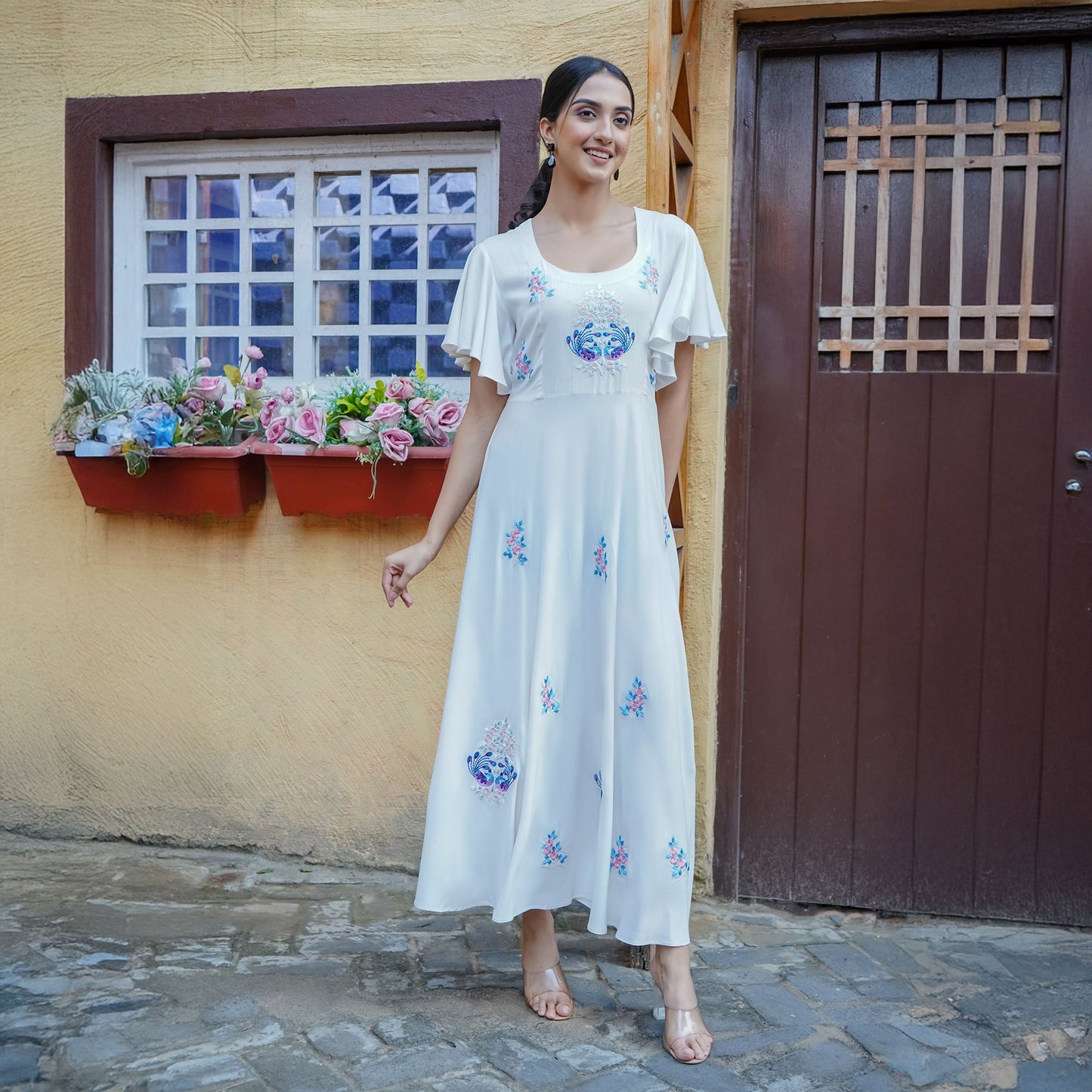 White Cotton Flower Thread Embroidery Flared Dress